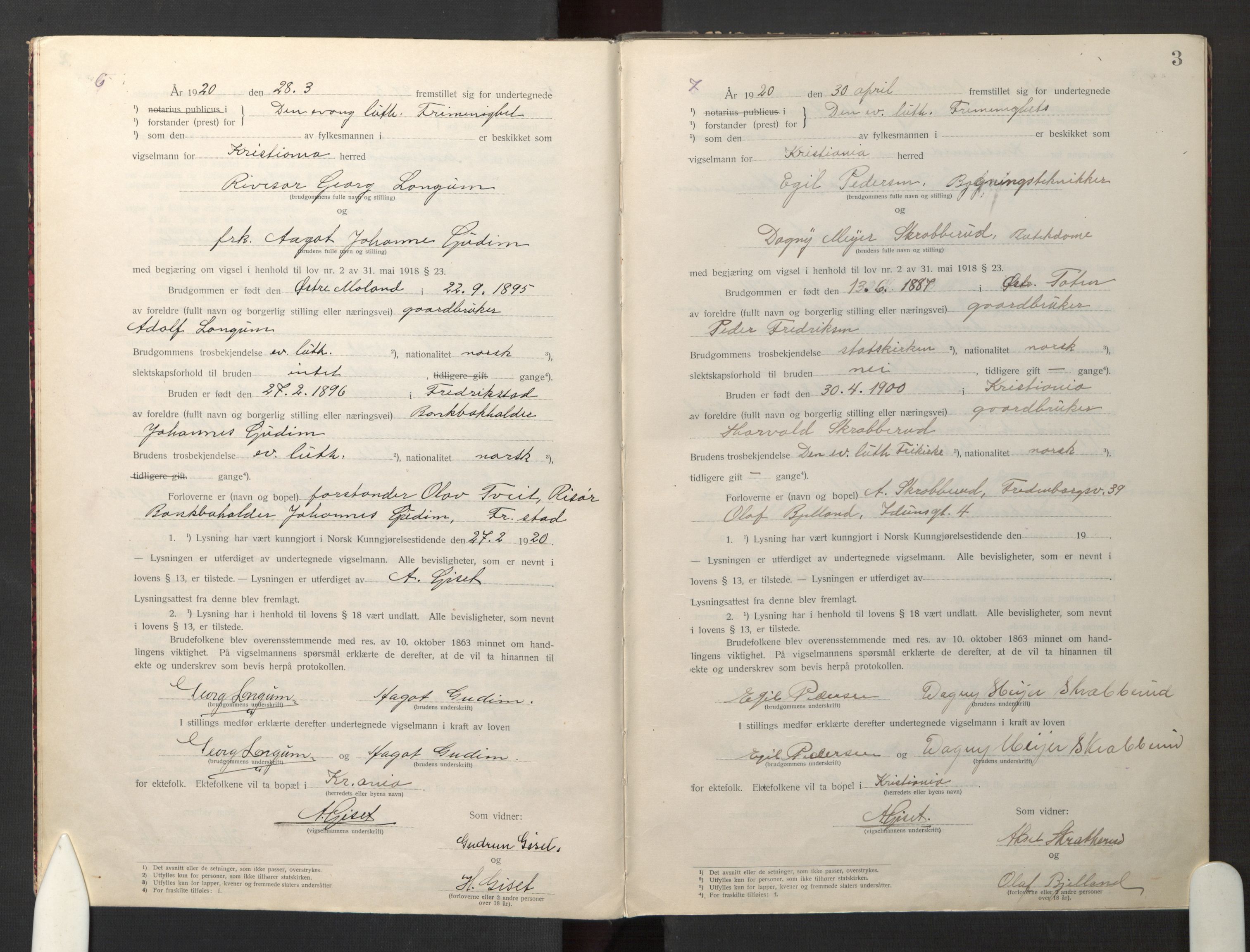 Den evangelisk-lutherske frikirke østre menighet, Oslo, SAO/PAO-0245/F/L0005: Marriage register (dissenter) no. 5, 1920-1941, p. 3