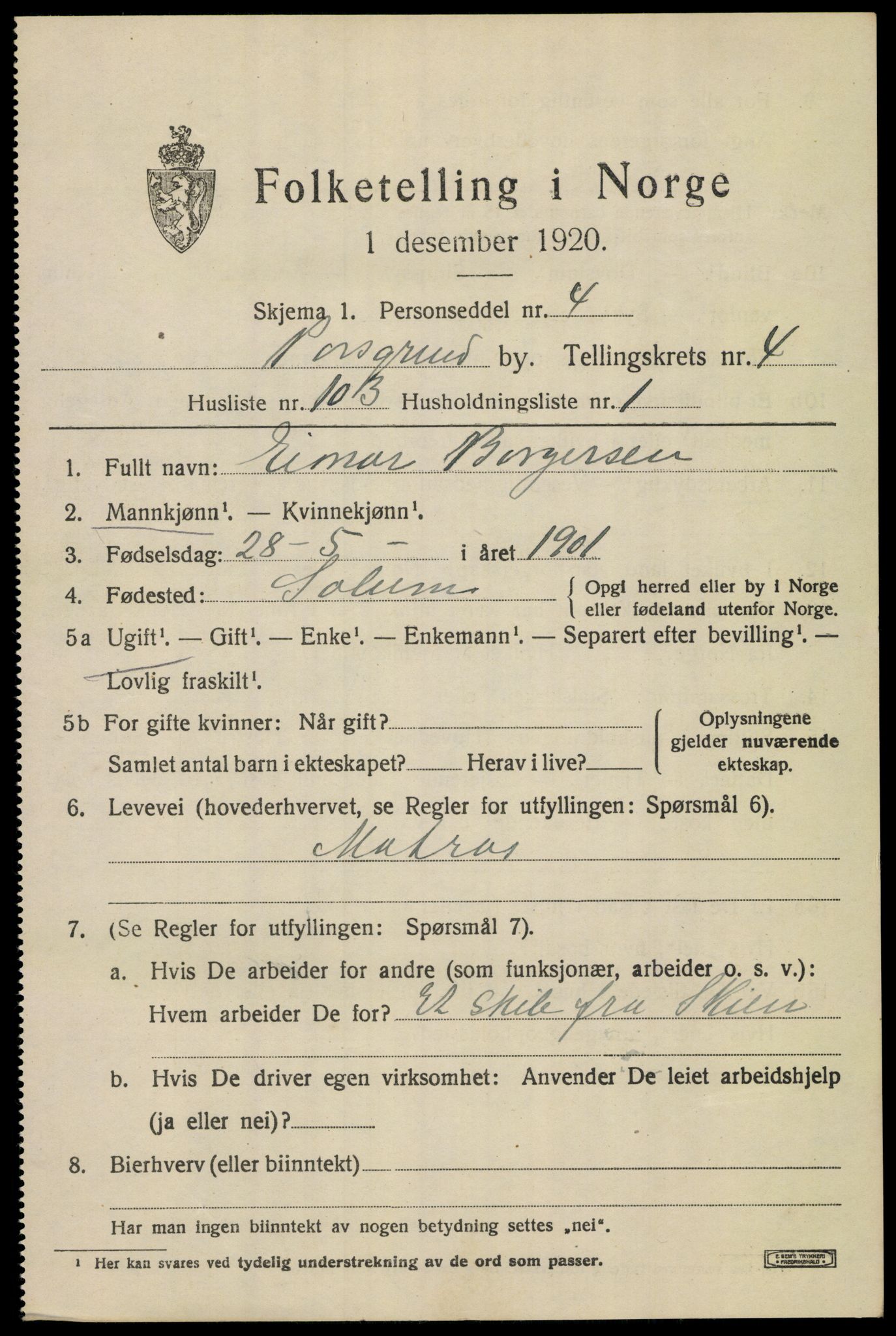 SAKO, 1920 census for Porsgrunn, 1920, p. 19897
