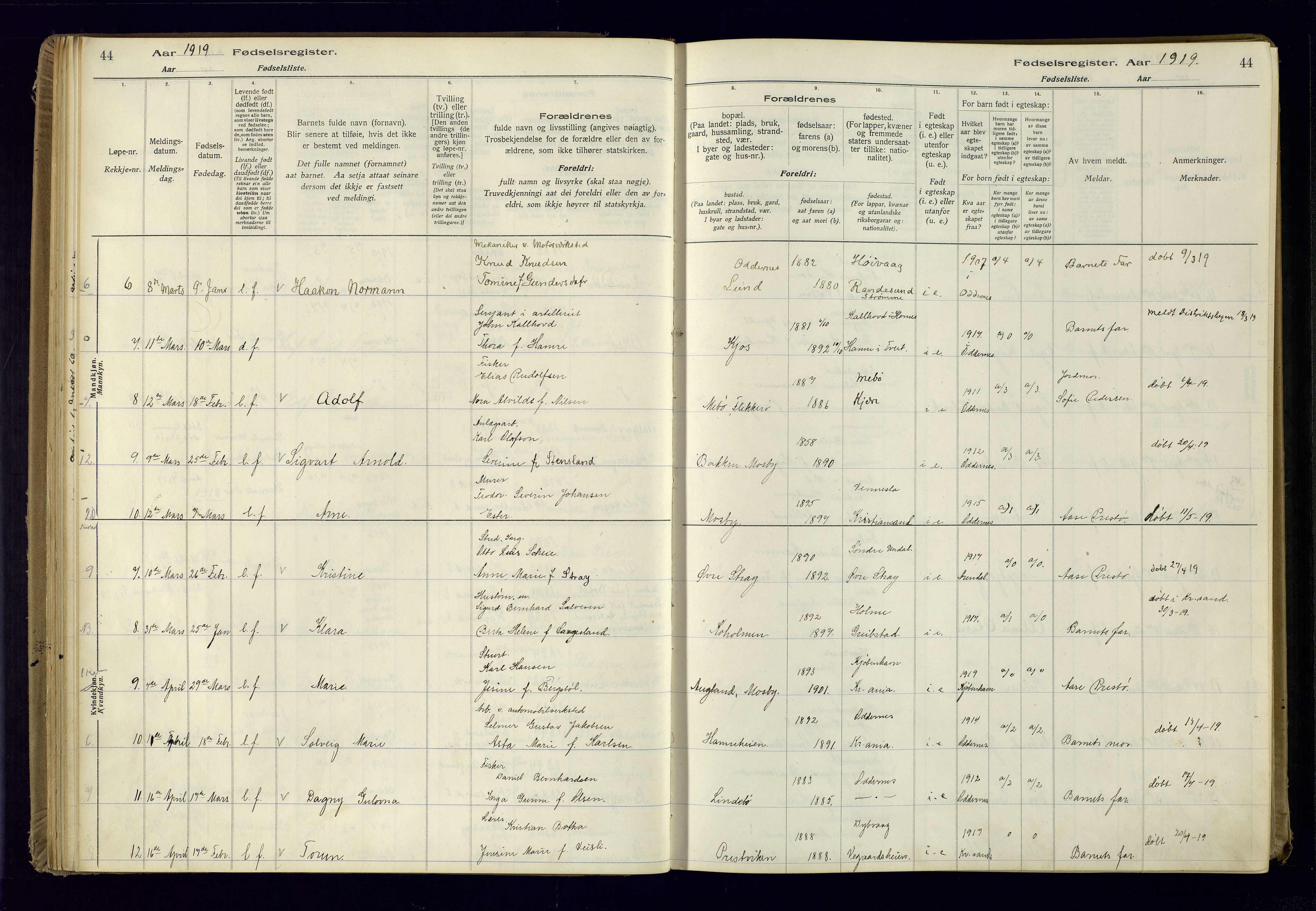 Oddernes sokneprestkontor, AV/SAK-1111-0033/J/Ja/L0001: Birth register no. 1, 1916-1935, p. 44
