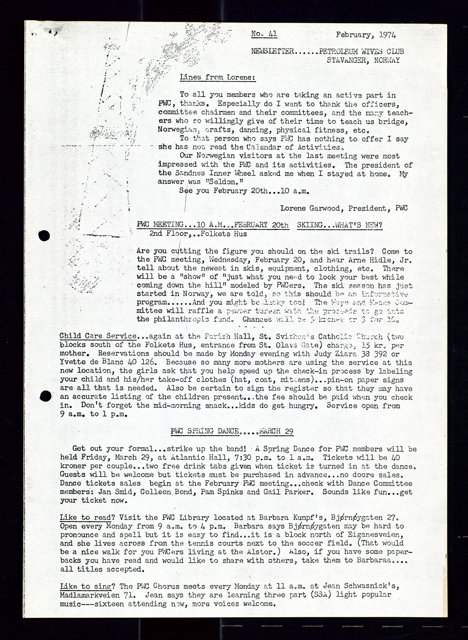 PA 1547 - Petroleum Wives Club, AV/SAST-A-101974/X/Xa/L0001: Newsletters (1971-1978)/radiointervjuer på kasett (1989-1992), 1970-1978