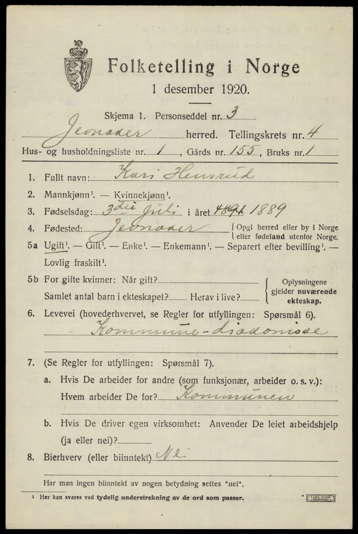 SAH, 1920 census for Jevnaker, 1920, p. 6391