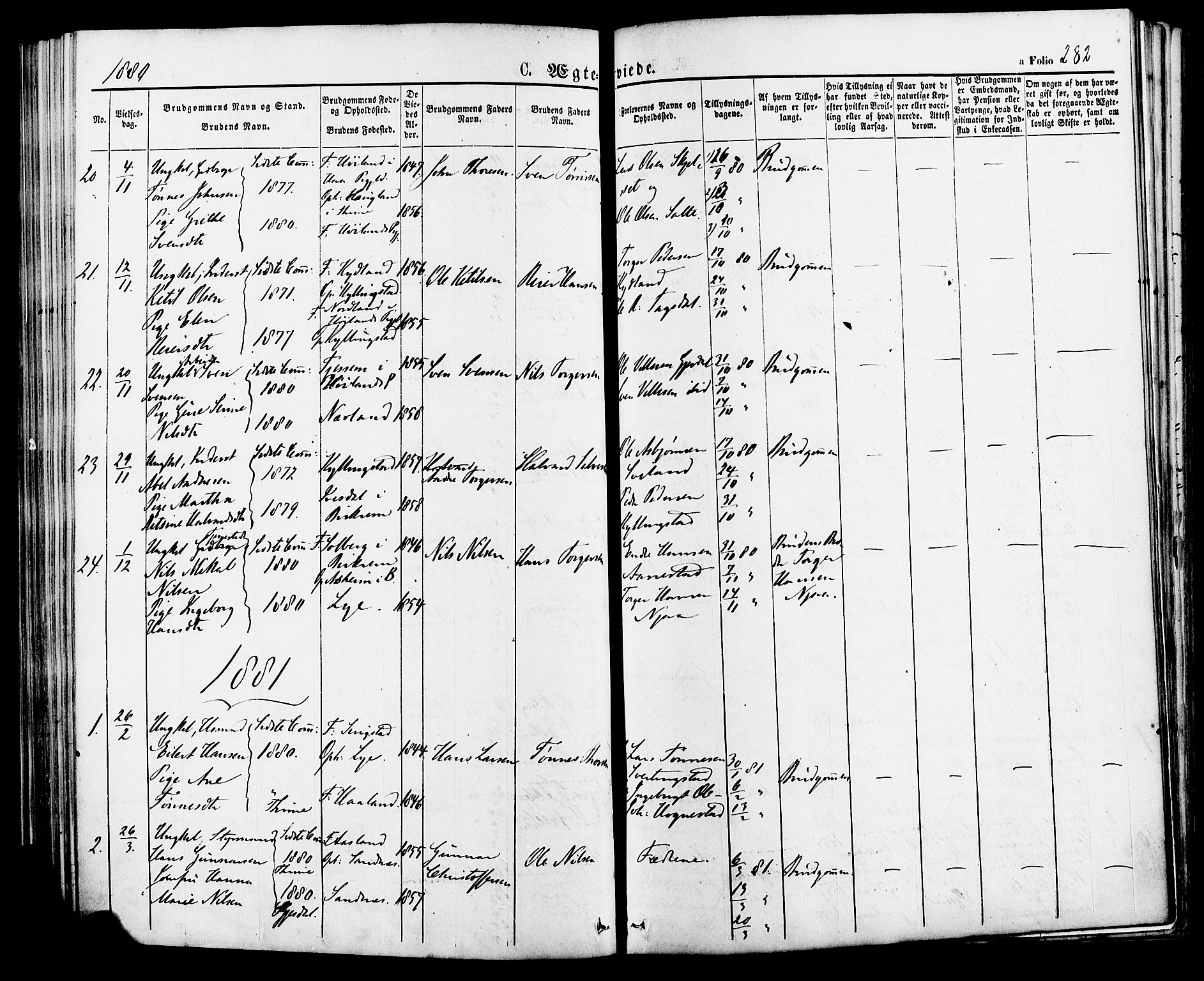 Lye sokneprestkontor, SAST/A-101794/001/30BA/L0008: Parish register (official) no. A 7, 1872-1881, p. 282