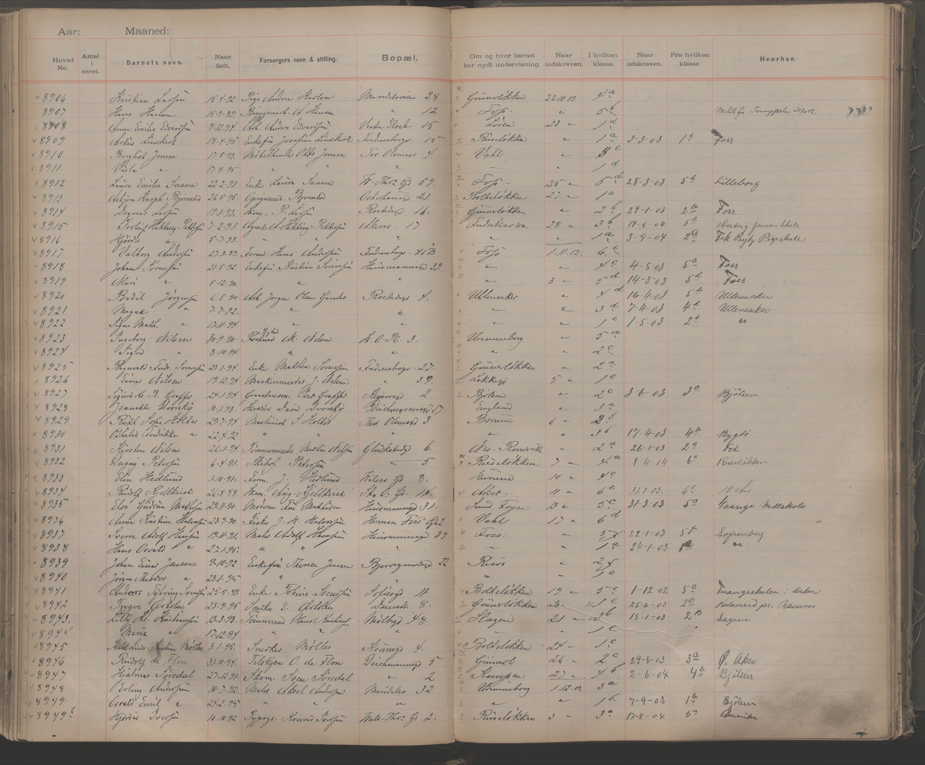 Møllergata skole, OBA/A-20129/F/Fa/L0001: Ut-/innskrivningsprotokoll, 1889-1907, p. 204