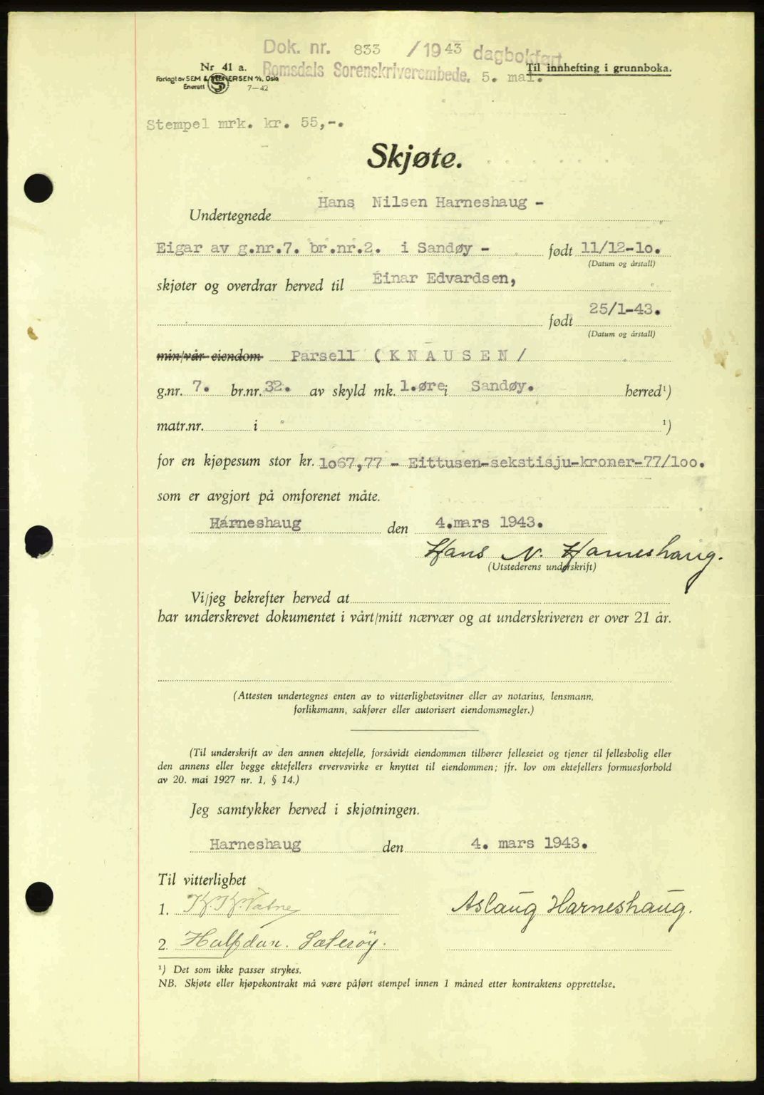 Romsdal sorenskriveri, AV/SAT-A-4149/1/2/2C: Mortgage book no. A14, 1943-1943, Diary no: : 833/1943