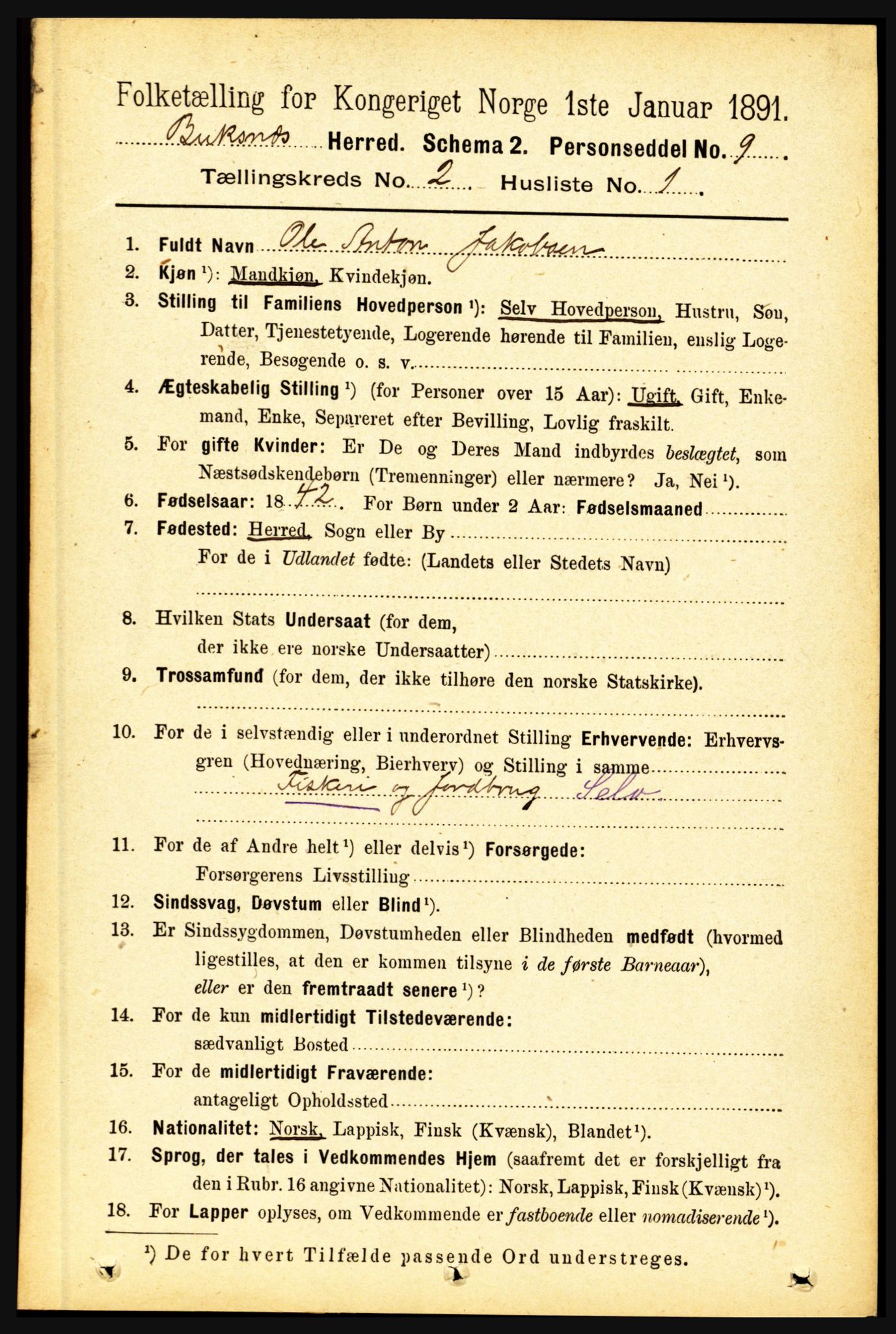 RA, 1891 census for 1860 Buksnes, 1891, p. 1602