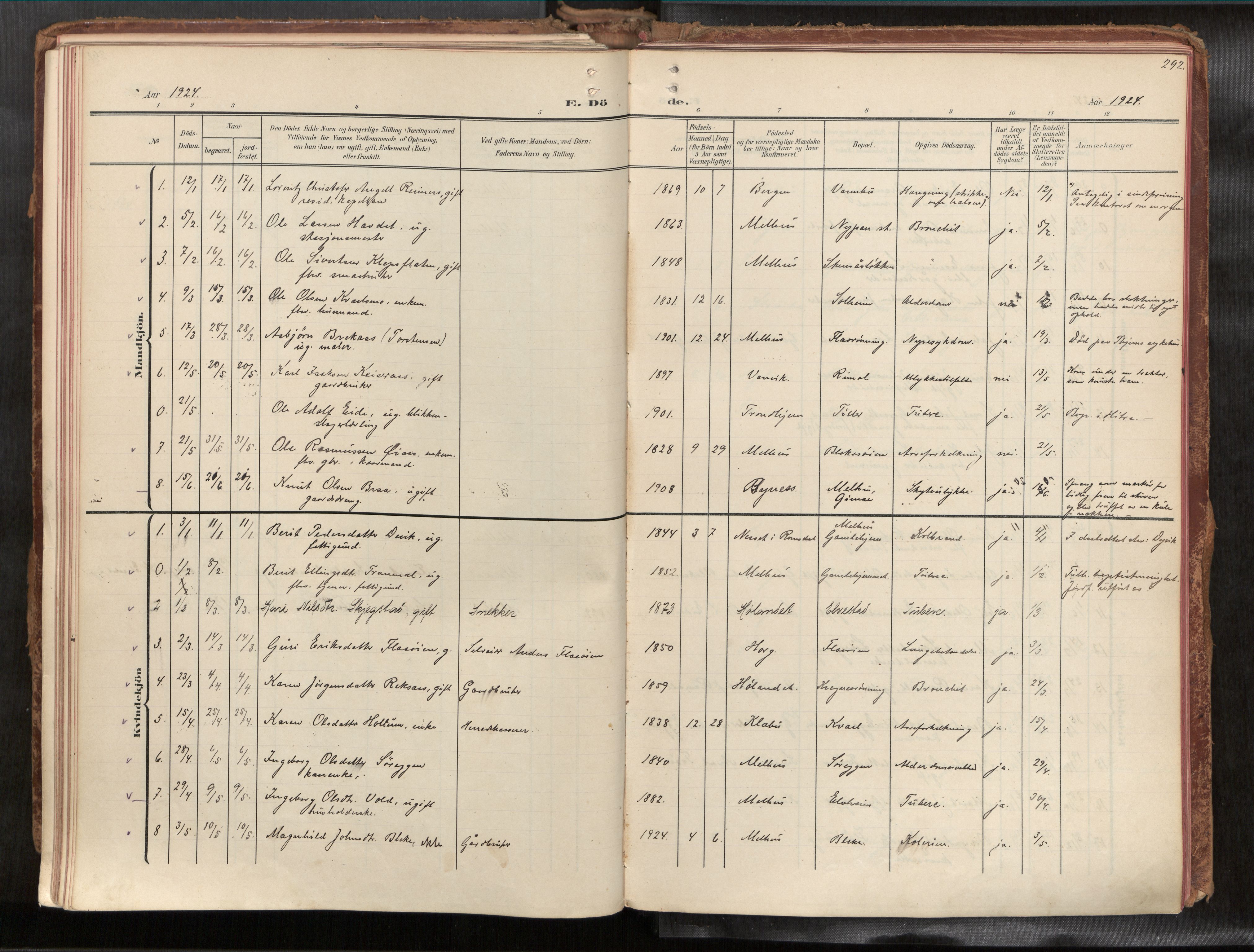 Ministerialprotokoller, klokkerbøker og fødselsregistre - Sør-Trøndelag, SAT/A-1456/691/L1085b: Parish register (official) no. 691A18, 1908-1930, p. 292