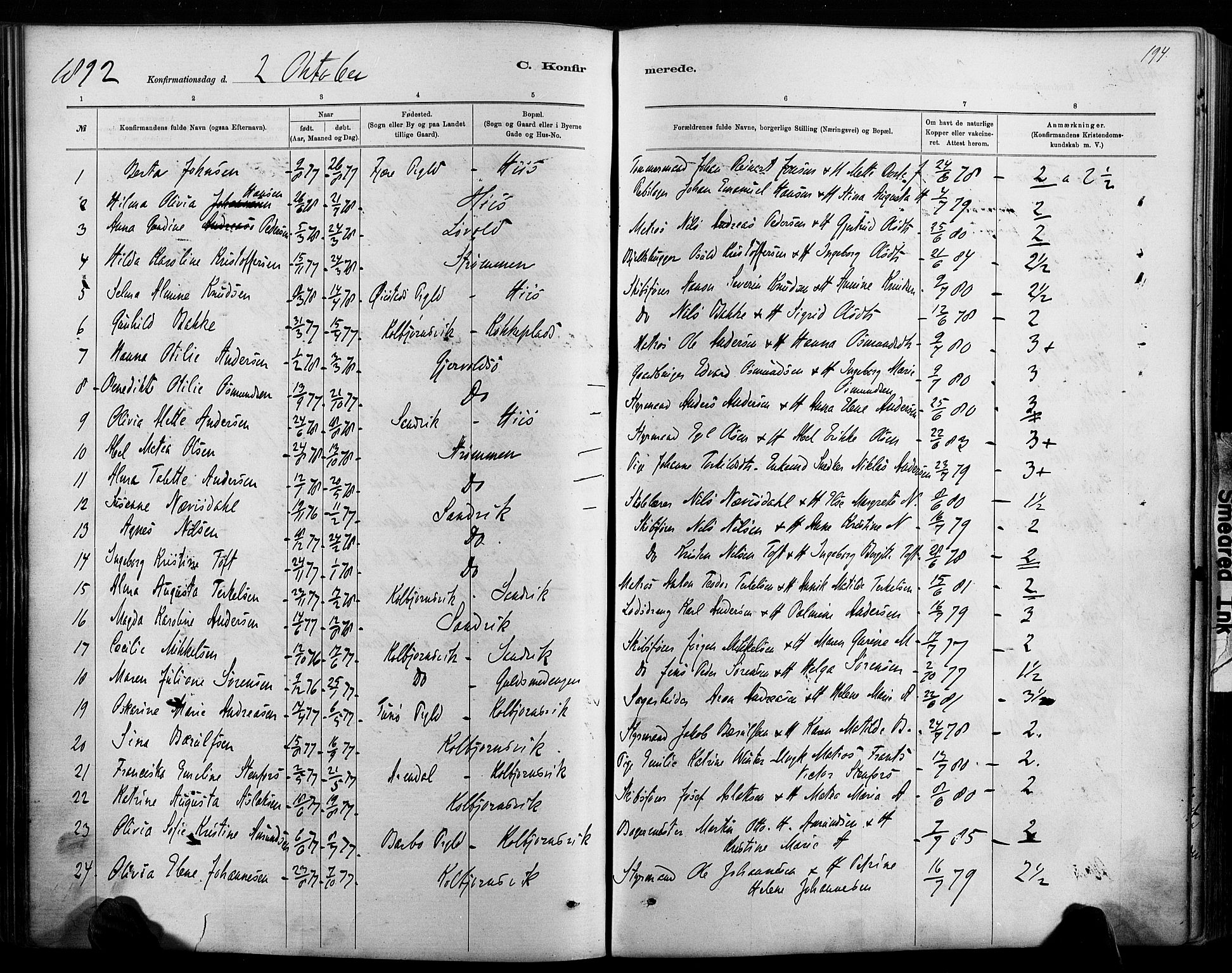 Hisøy sokneprestkontor, SAK/1111-0020/F/Fa/L0003: Parish register (official) no. A 3, 1881-1894, p. 194