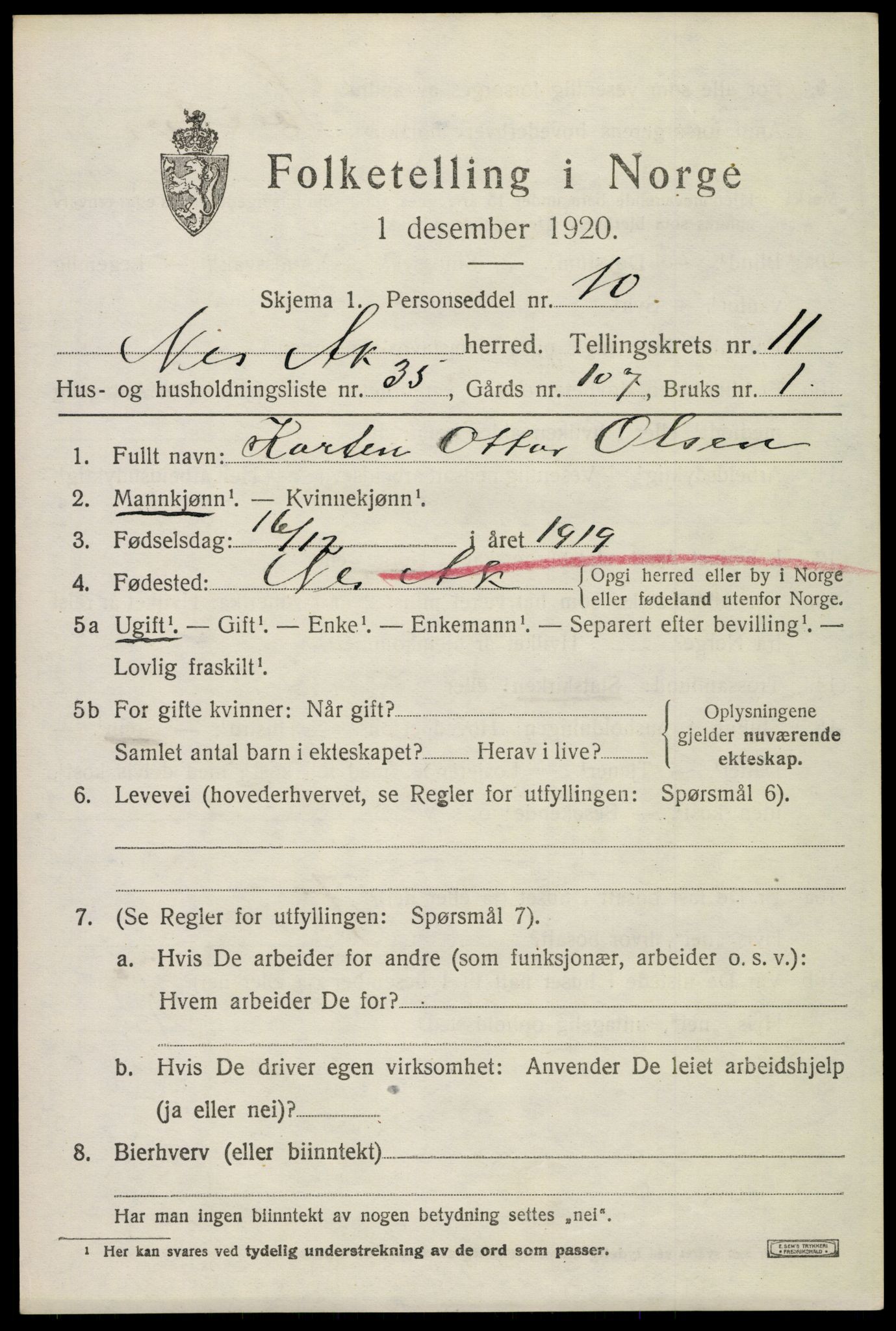 SAO, 1920 census for Nes, 1920, p. 11838