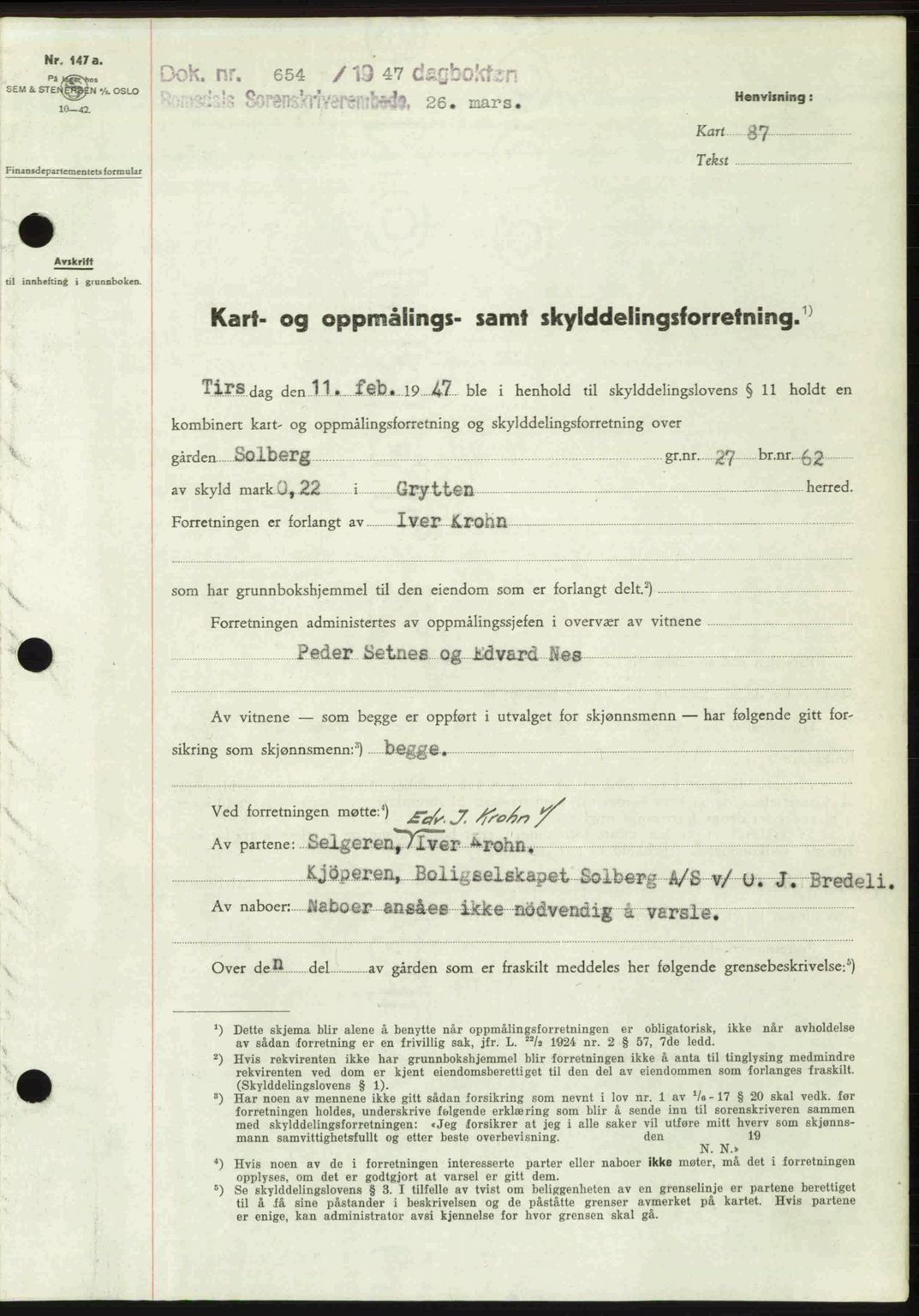 Romsdal sorenskriveri, SAT/A-4149/1/2/2C: Mortgage book no. A22, 1947-1947, Diary no: : 654/1947