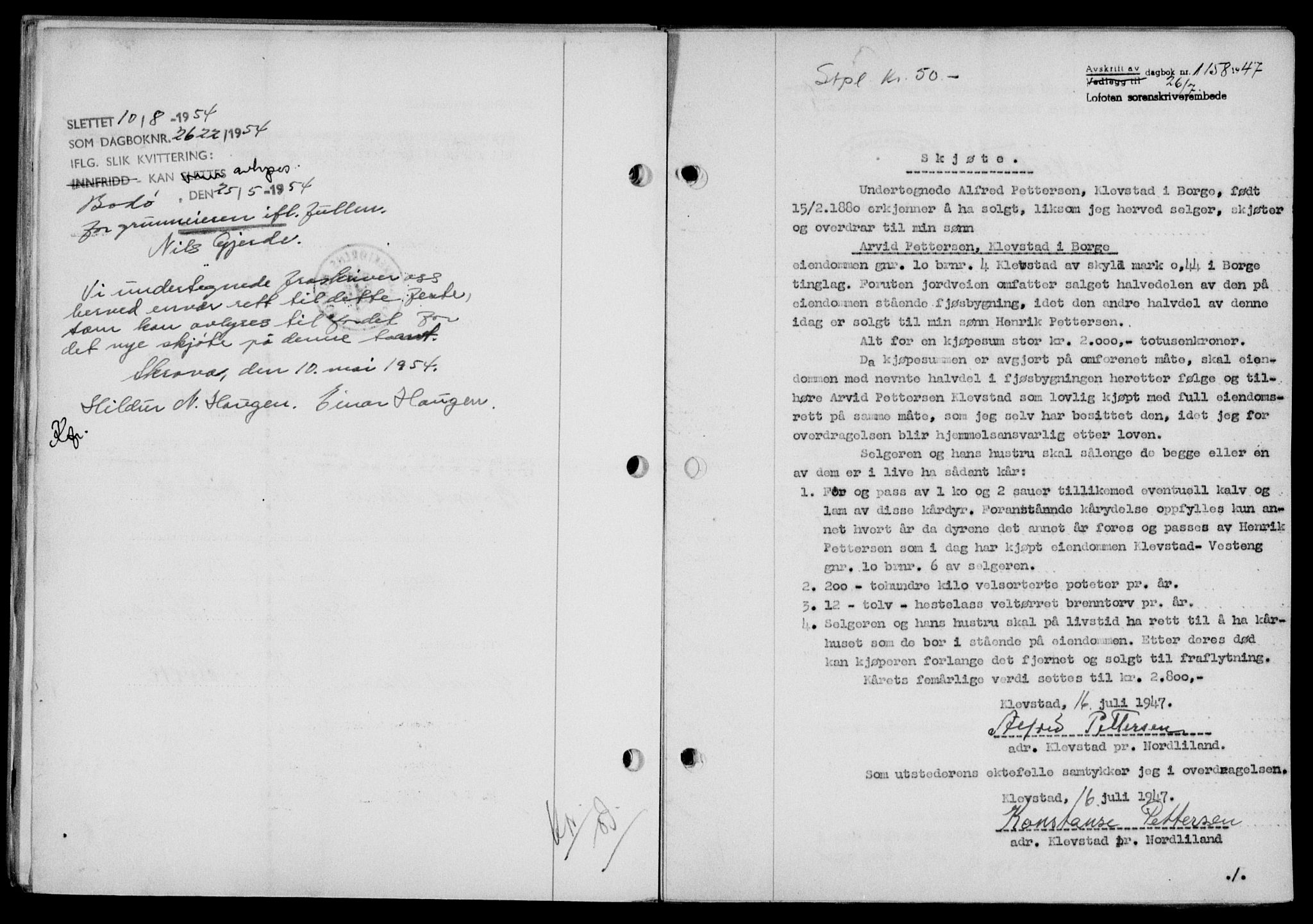 Lofoten sorenskriveri, SAT/A-0017/1/2/2C/L0016a: Mortgage book no. 16a, 1947-1947, Diary no: : 1158/1947