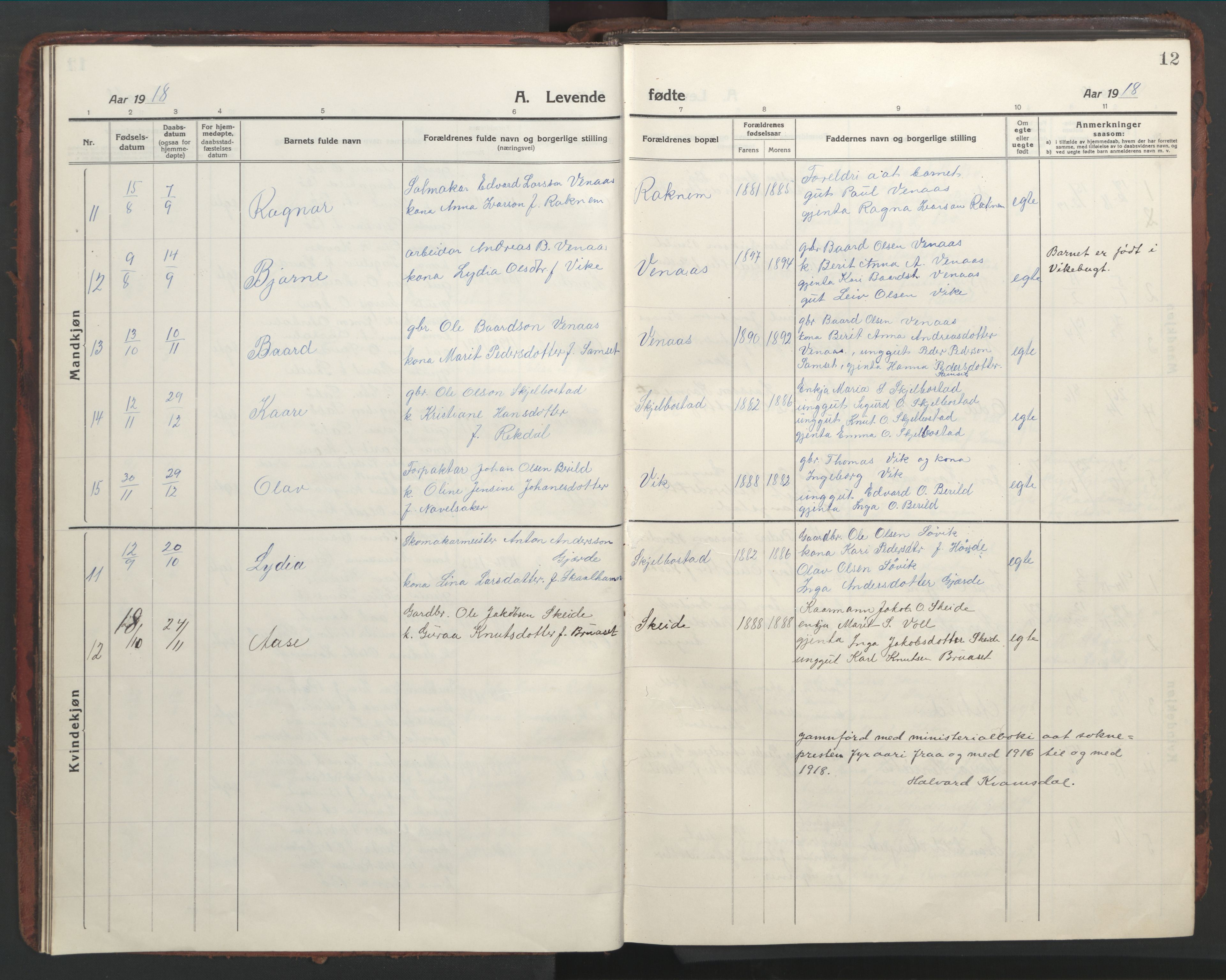 Ministerialprotokoller, klokkerbøker og fødselsregistre - Møre og Romsdal, AV/SAT-A-1454/543/L0565: Parish register (copy) no. 543C03, 1916-1955, p. 12