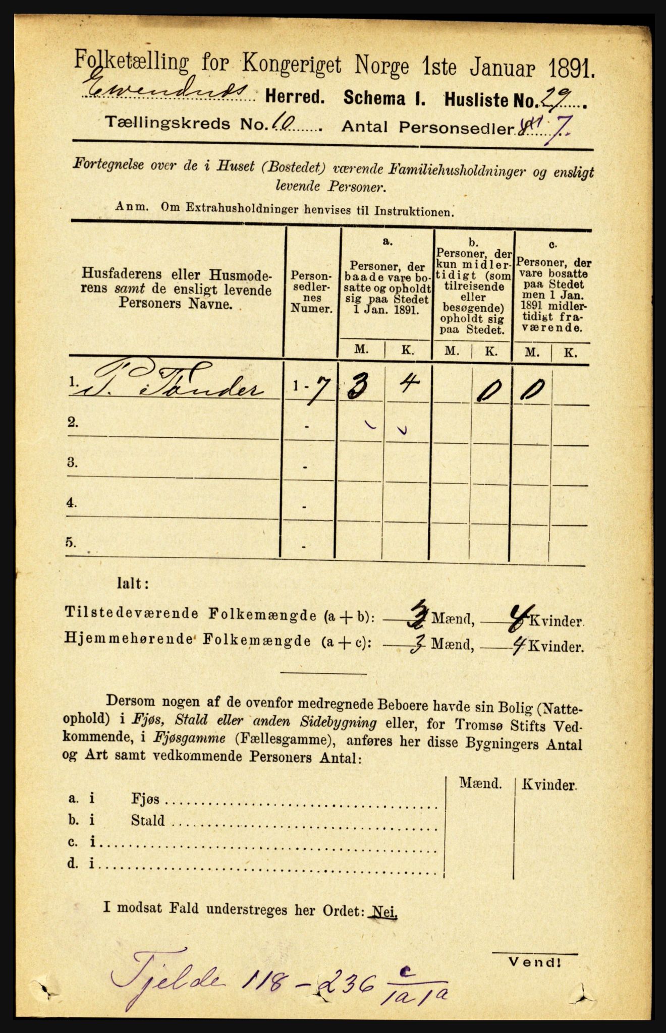 RA, 1891 census for 1853 Evenes, 1891, p. 3117