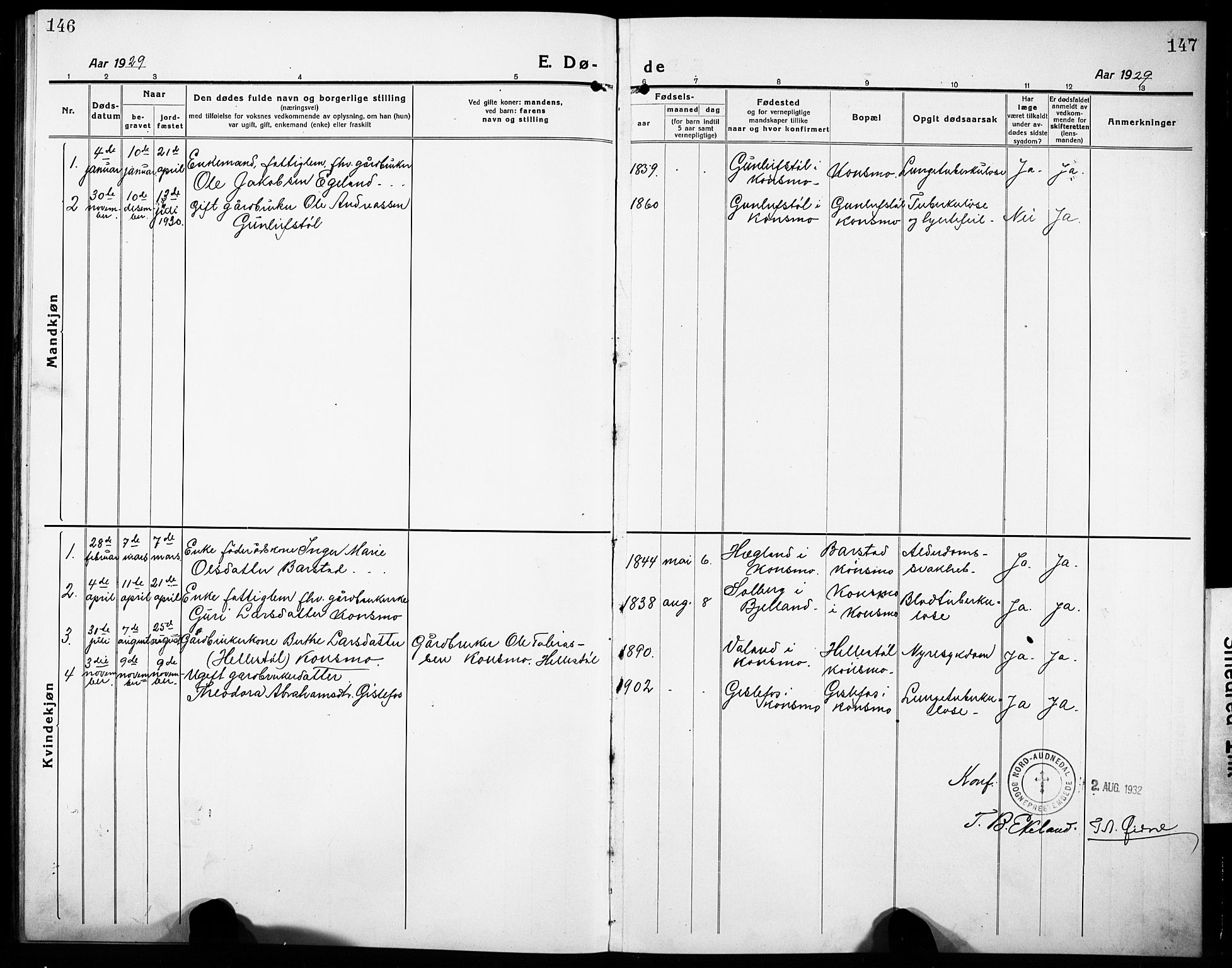 Nord-Audnedal sokneprestkontor, AV/SAK-1111-0032/F/Fb/Fba/L0005: Parish register (copy) no. B 5, 1918-1932, p. 146-147