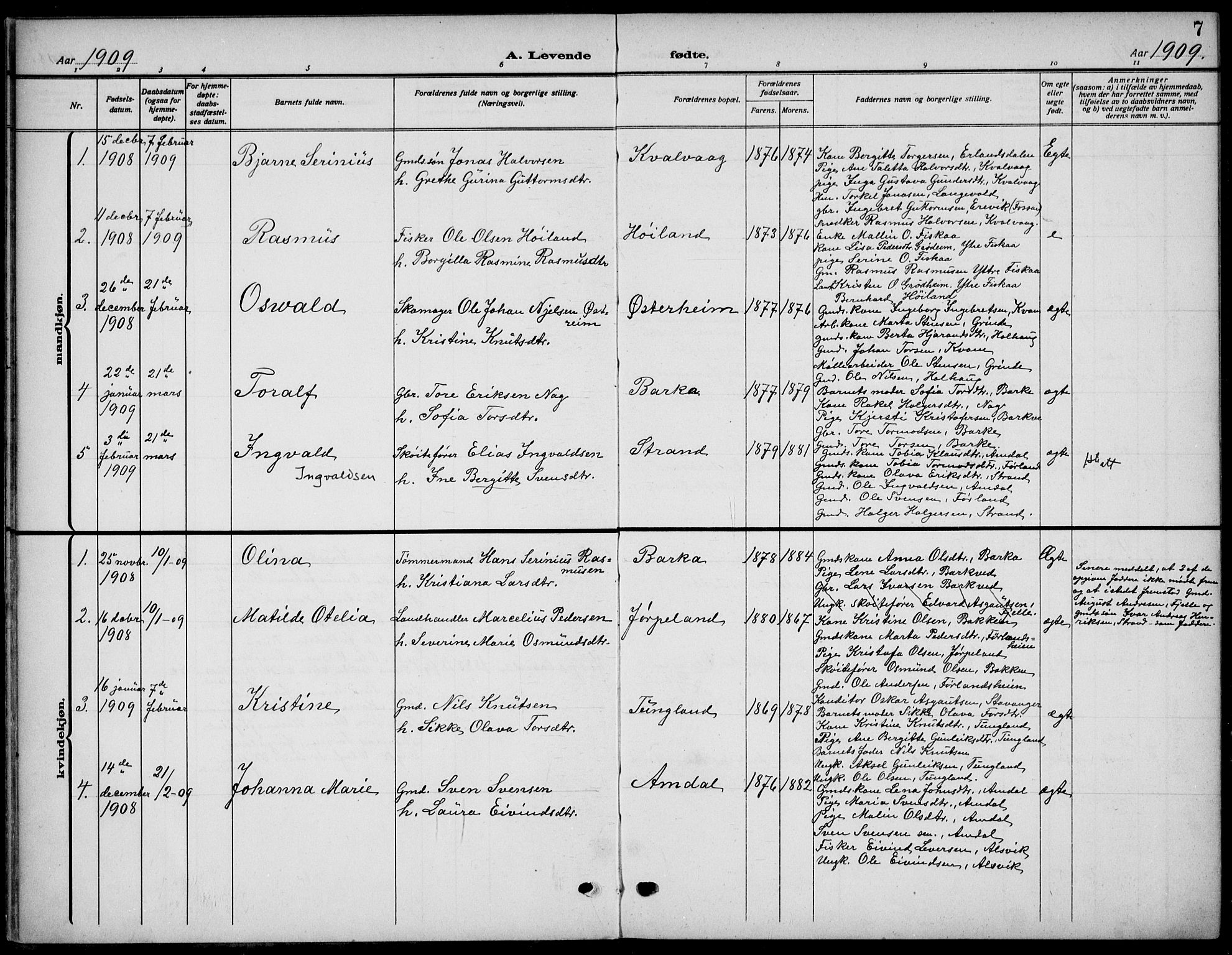 Strand sokneprestkontor, SAST/A-101828/H/Ha/Haa/L0011: Parish register (official) no. A 11, 1908-1930, p. 7