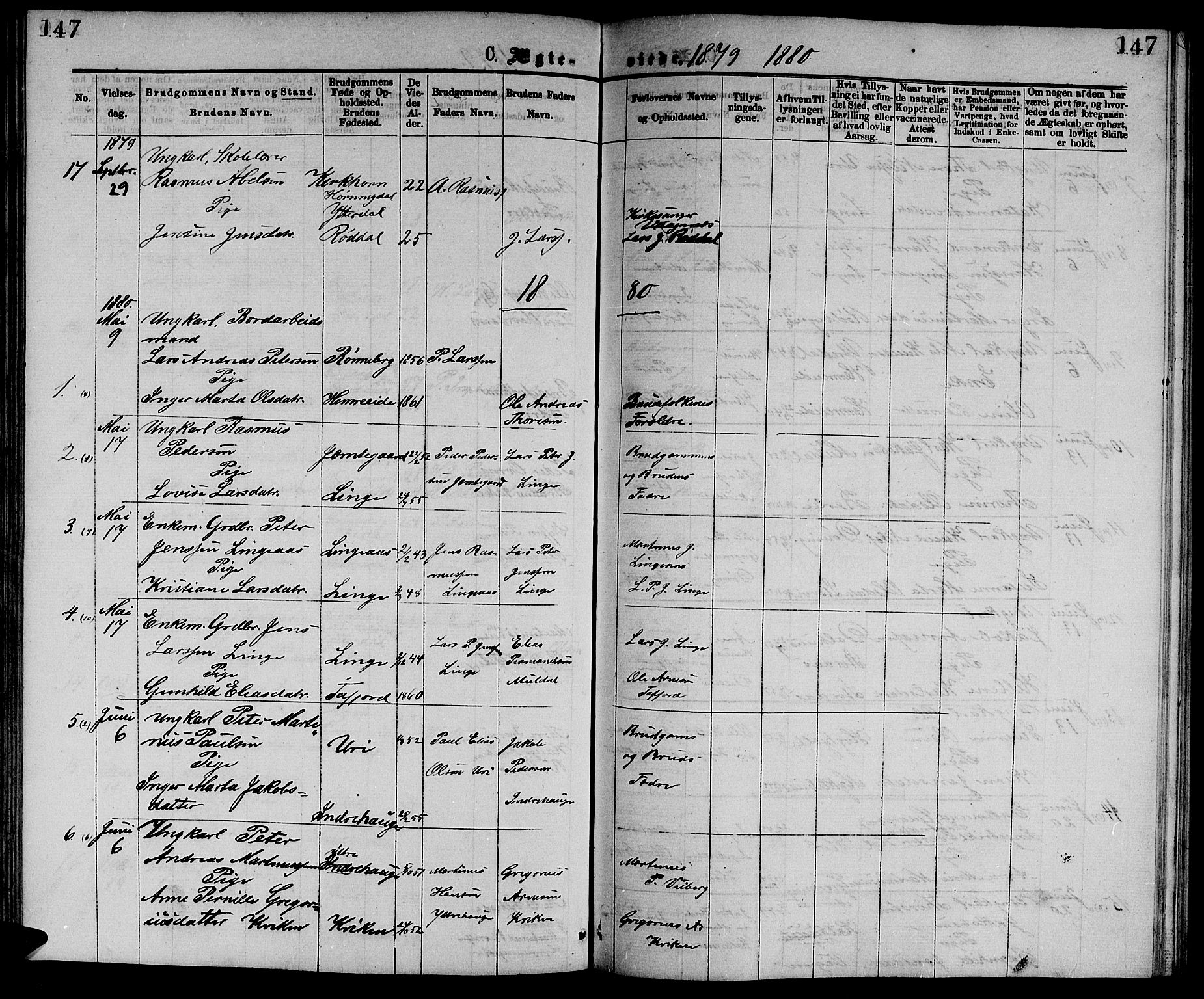 Ministerialprotokoller, klokkerbøker og fødselsregistre - Møre og Romsdal, SAT/A-1454/519/L0262: Parish register (copy) no. 519C03, 1866-1884, p. 147