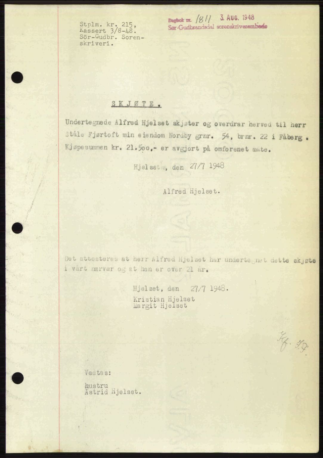 Sør-Gudbrandsdal tingrett, SAH/TING-004/H/Hb/Hbd/L0022: Mortgage book no. A22, 1948-1948, Diary no: : 1811/1948