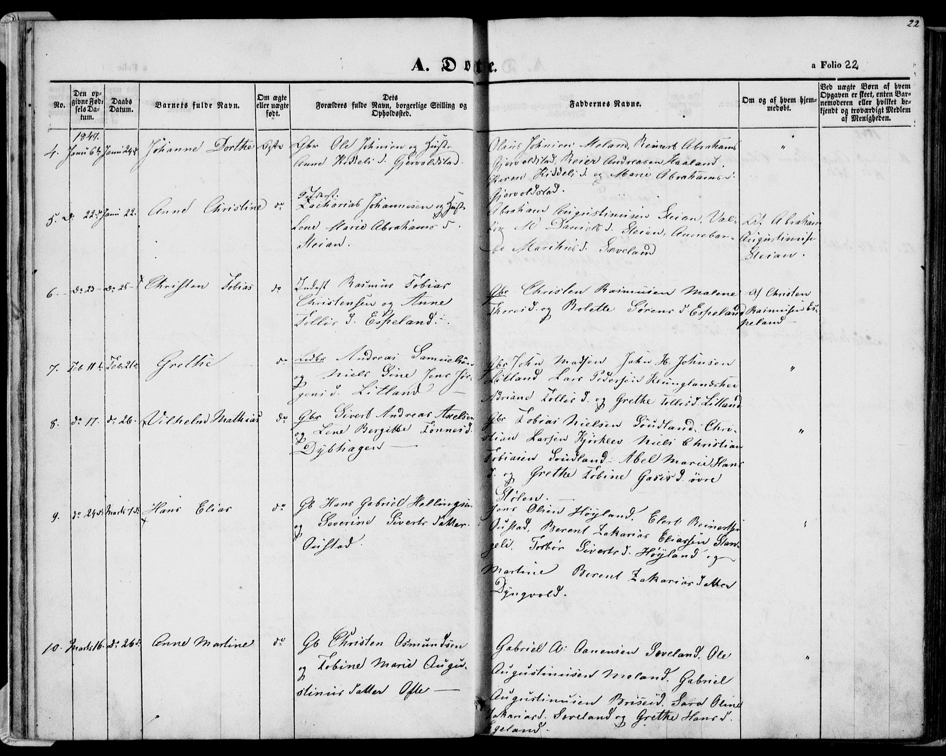 Herad sokneprestkontor, AV/SAK-1111-0018/F/Fa/Faa/L0004: Parish register (official) no. A 4, 1844-1853, p. 22