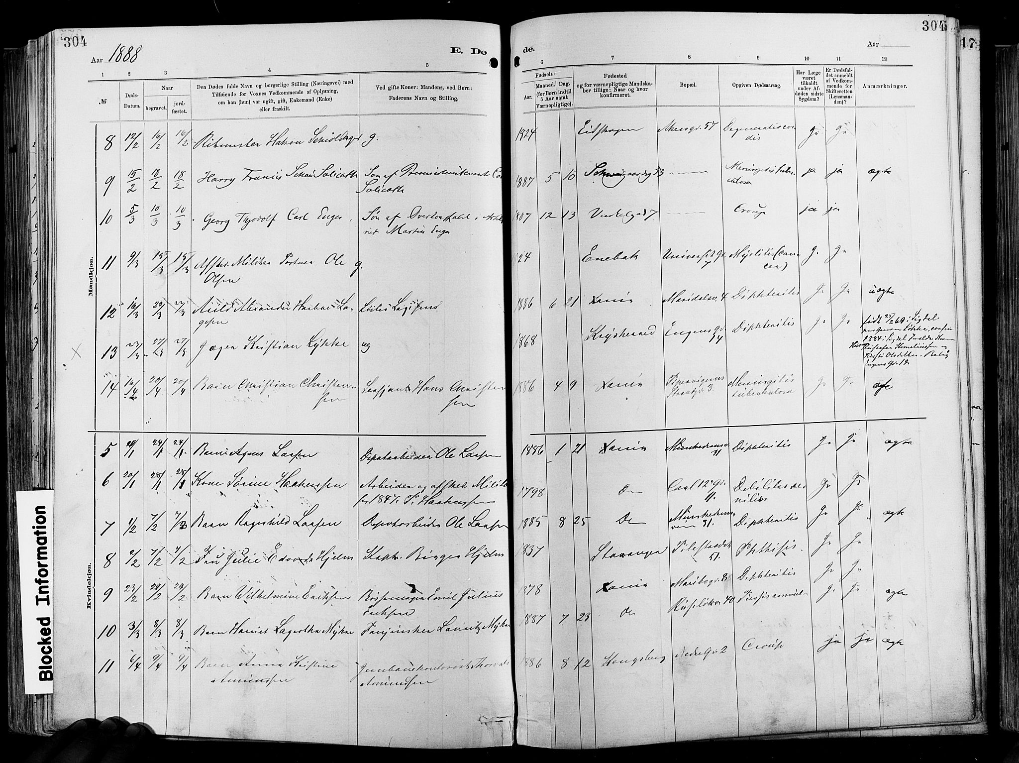 Garnisonsmenigheten Kirkebøker, SAO/A-10846/F/Fa/L0012: Parish register (official) no. 12, 1880-1893, p. 304