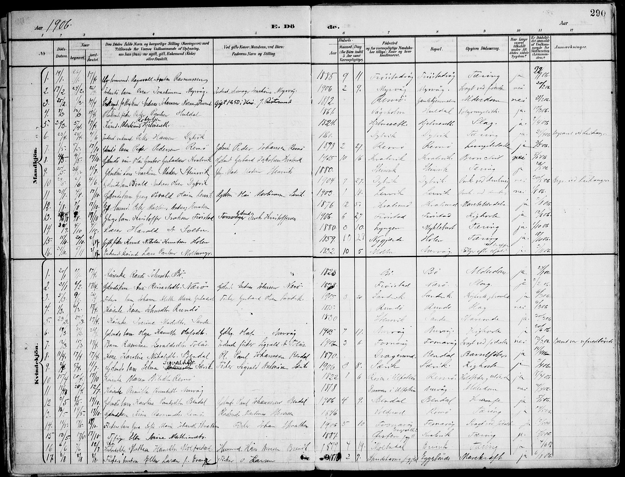 Ministerialprotokoller, klokkerbøker og fødselsregistre - Møre og Romsdal, SAT/A-1454/507/L0075: Parish register (official) no. 507A10, 1901-1920, p. 290