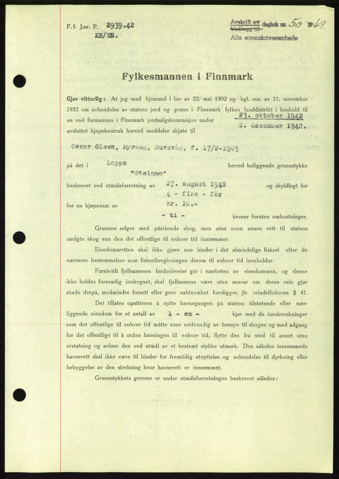 Alta fogderi/sorenskriveri, SATØ/SATØ-5/1/K/Kd/L0033pantebok: Mortgage book no. 33, 1940-1943, Diary no: : 50/1943
