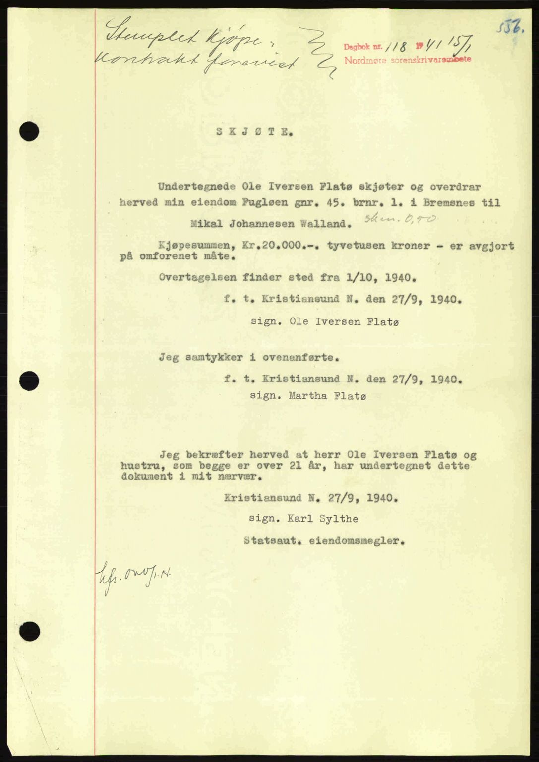 Nordmøre sorenskriveri, SAT/A-4132/1/2/2Ca: Mortgage book no. A89, 1940-1941, Diary no: : 118/1941