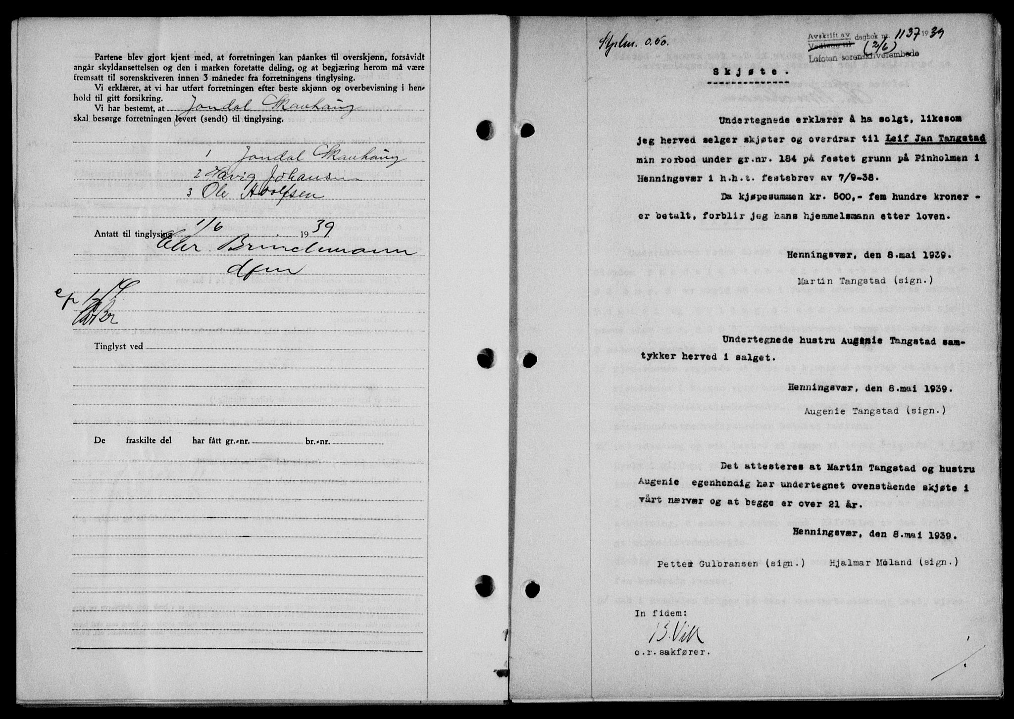 Lofoten sorenskriveri, SAT/A-0017/1/2/2C/L0005a: Mortgage book no. 5a, 1939-1939, Diary no: : 1137/1939