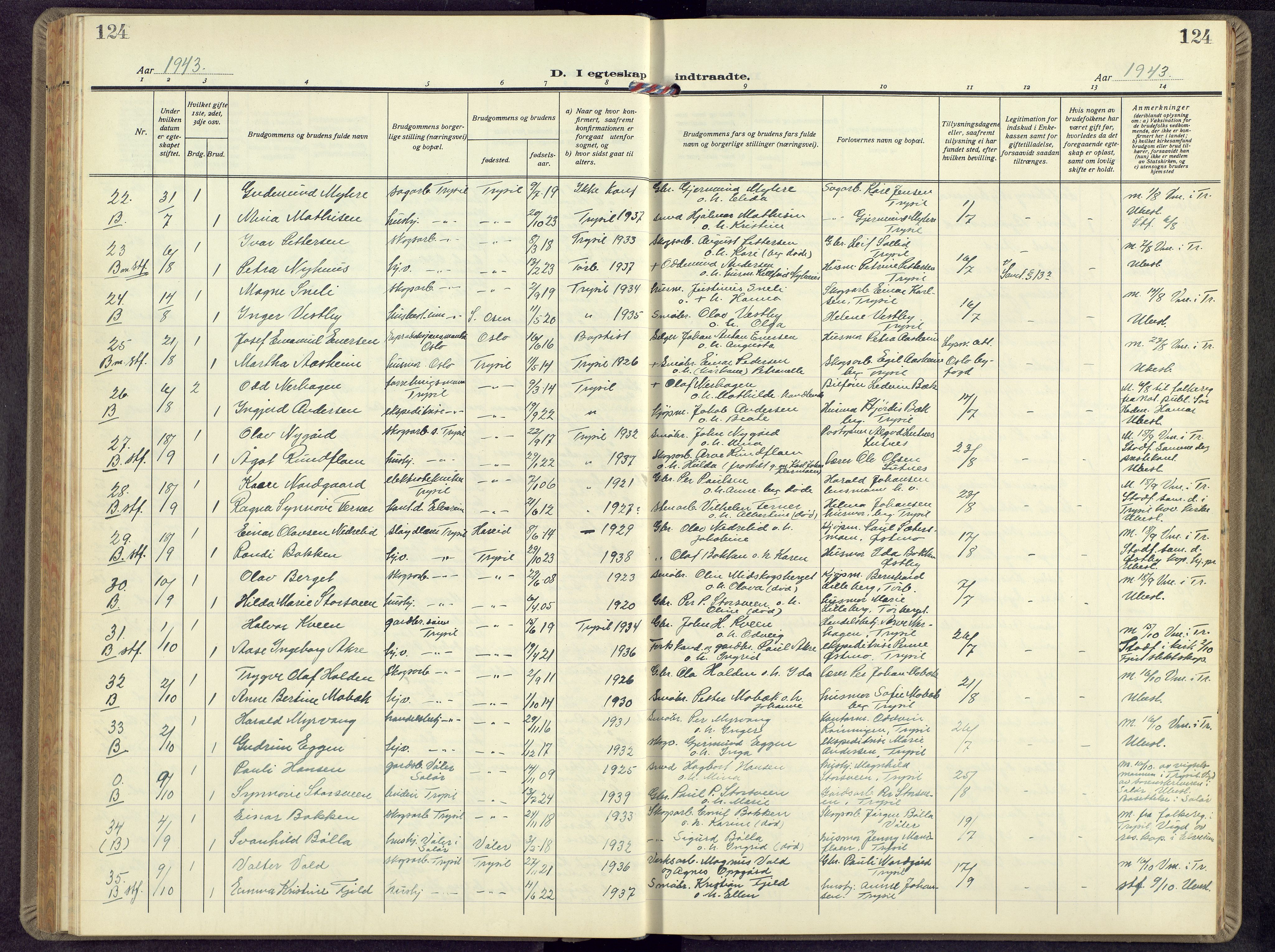 Trysil prestekontor, AV/SAH-PREST-046/H/Ha/Hab/L0012: Parish register (copy) no. 12, 1938-1959, p. 124