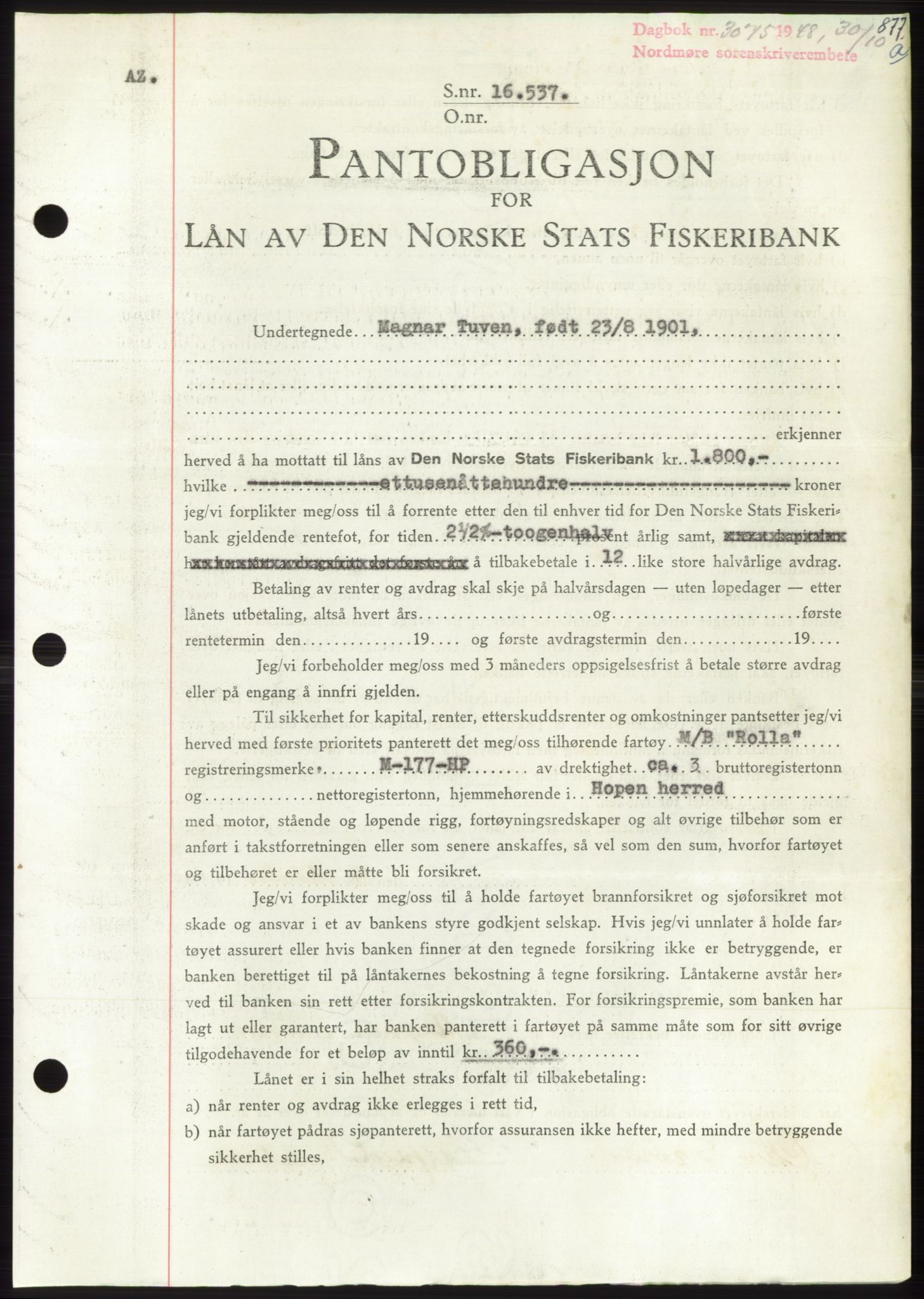 Nordmøre sorenskriveri, AV/SAT-A-4132/1/2/2Ca: Mortgage book no. B99, 1948-1948, Diary no: : 3075/1948