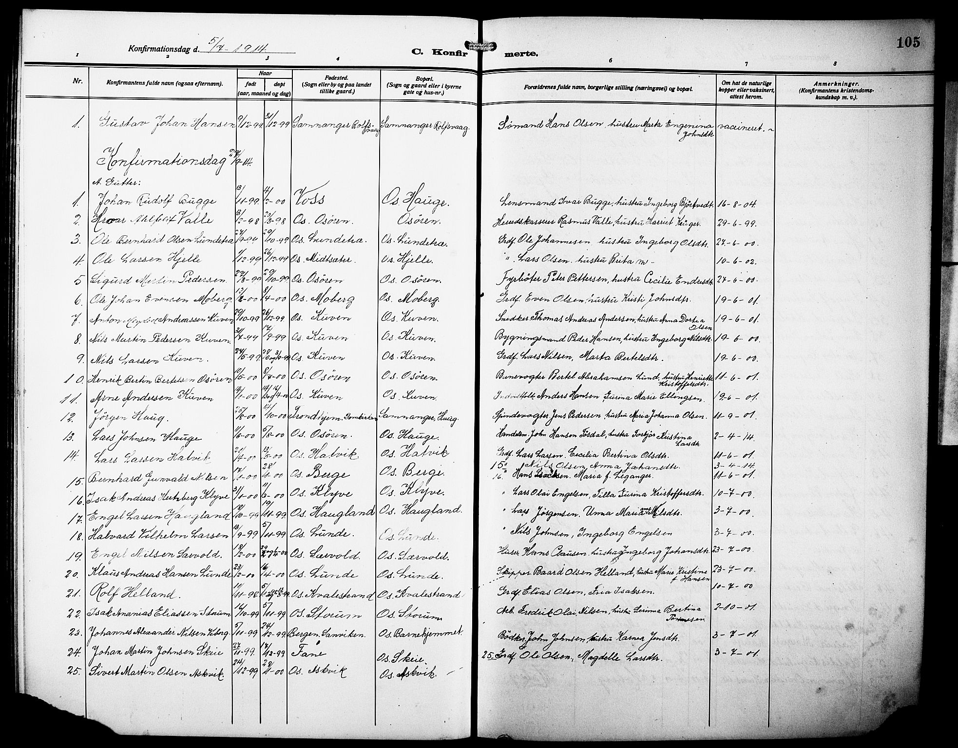 Os sokneprestembete, SAB/A-99929: Parish register (copy) no. A 4, 1914-1923, p. 105