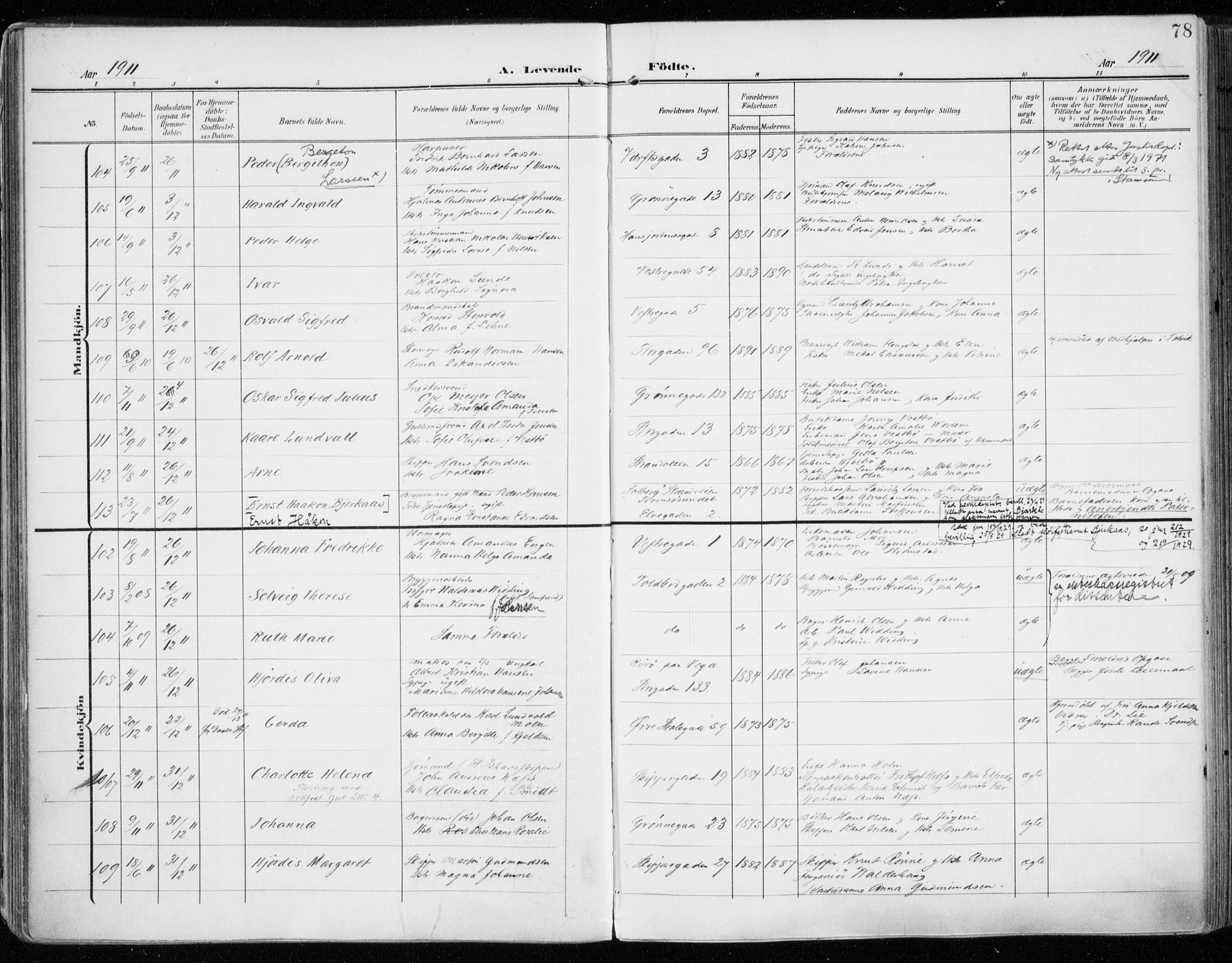 Tromsø sokneprestkontor/stiftsprosti/domprosti, AV/SATØ-S-1343/G/Ga/L0017kirke: Parish register (official) no. 17, 1907-1917, p. 78