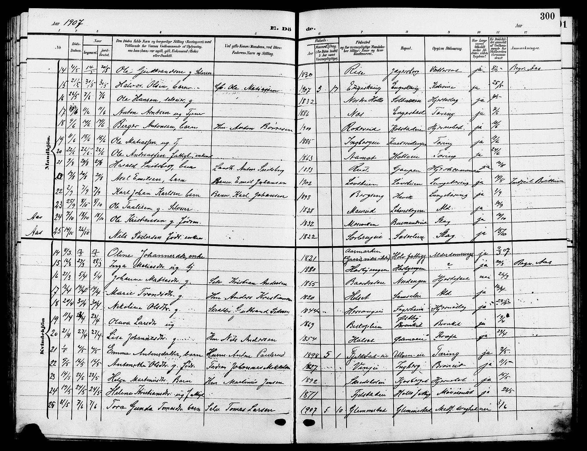 Ringsaker prestekontor, AV/SAH-PREST-014/L/La/L0015: Parish register (copy) no. 15, 1903-1912, p. 300