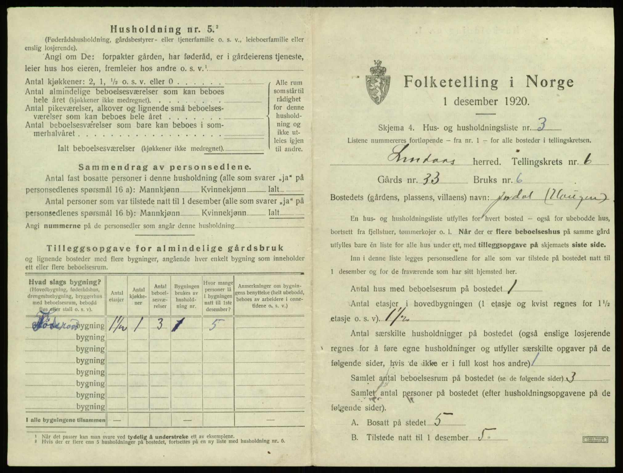 SAB, 1920 census for Lindås, 1920, p. 382