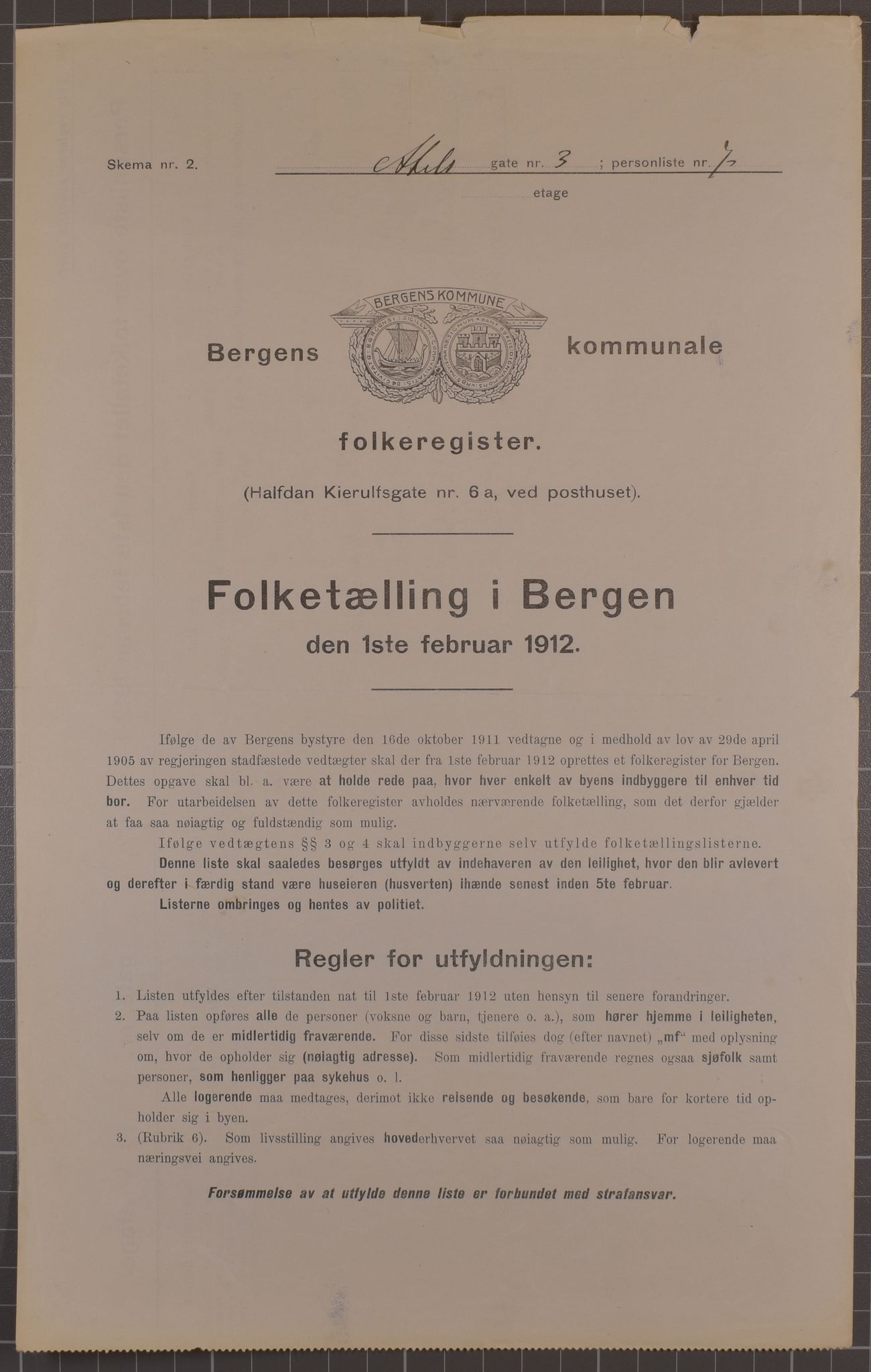 SAB, Municipal Census 1912 for Bergen, 1912, p. 201