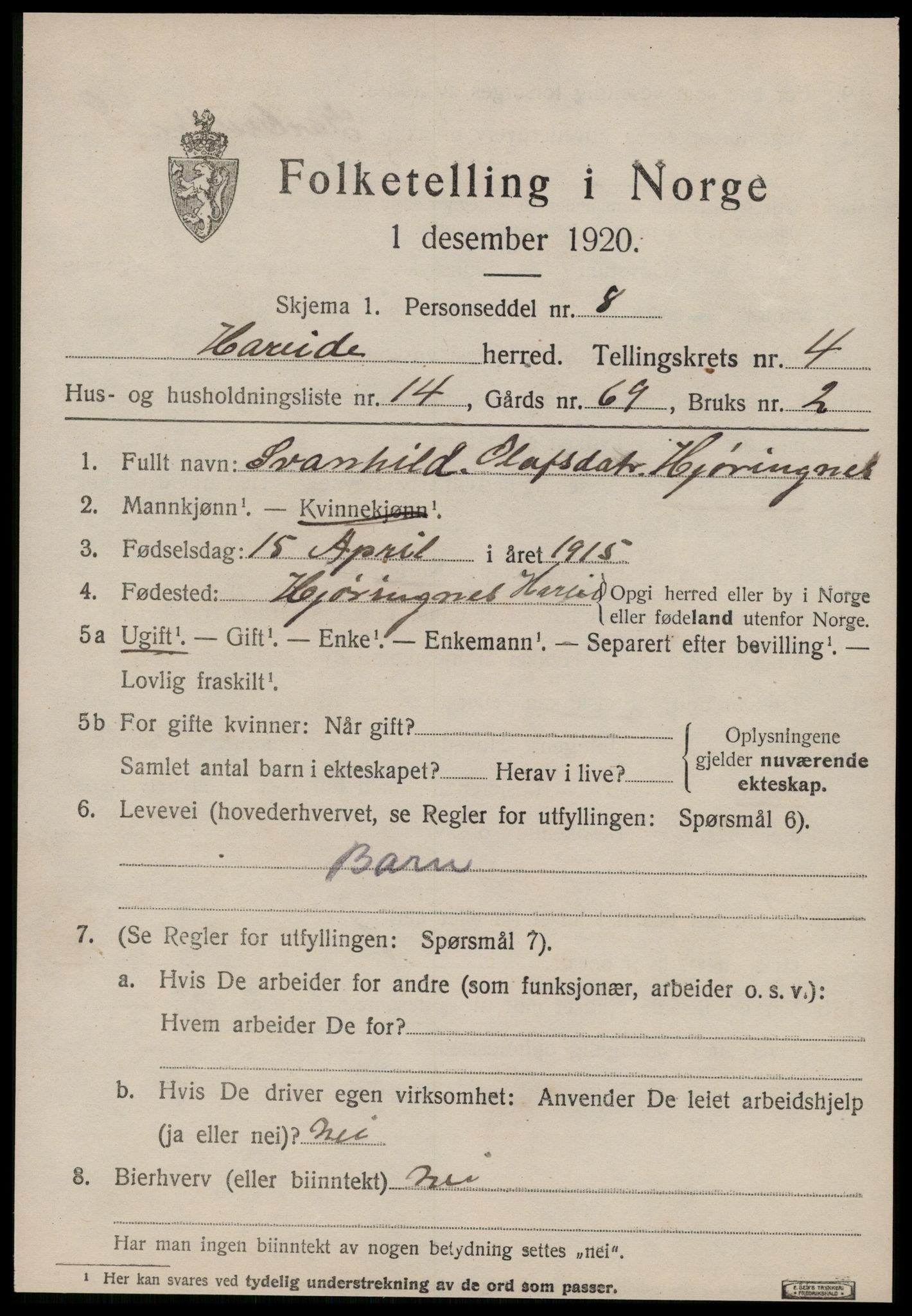 SAT, 1920 census for Hareid, 1920, p. 1865