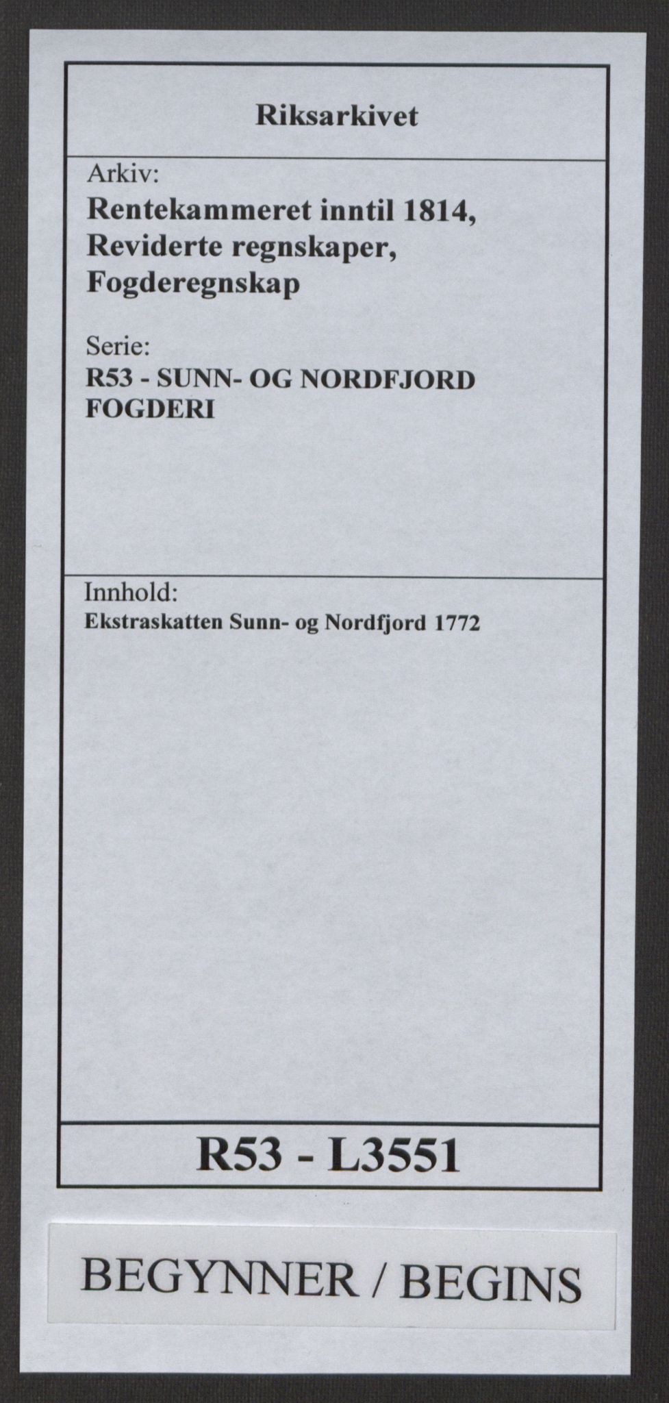 Rentekammeret inntil 1814, Reviderte regnskaper, Fogderegnskap, RA/EA-4092/R53/L3551: Ekstraskatten Sunn- og Nordfjord, 1772, p. 1