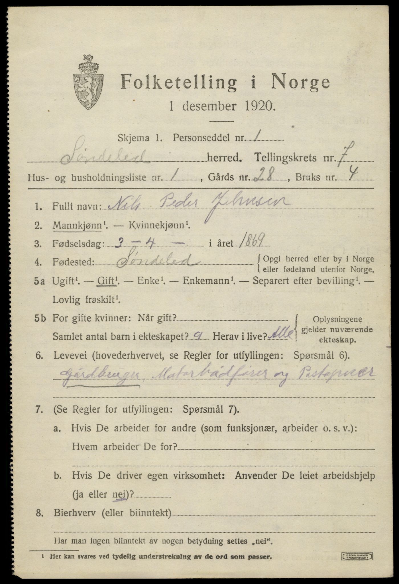 SAK, 1920 census for Søndeled, 1920, p. 3919