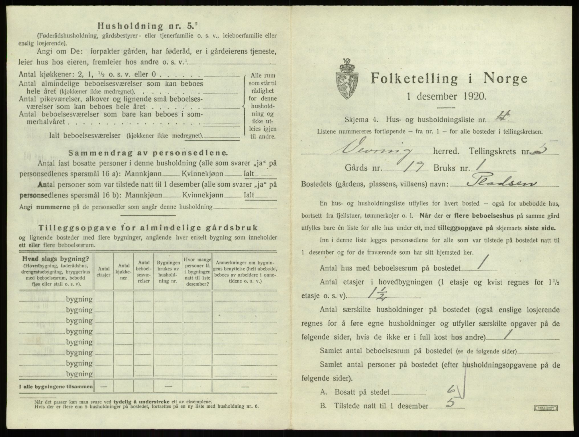 SAB, 1920 census for Vevring, 1920, p. 209