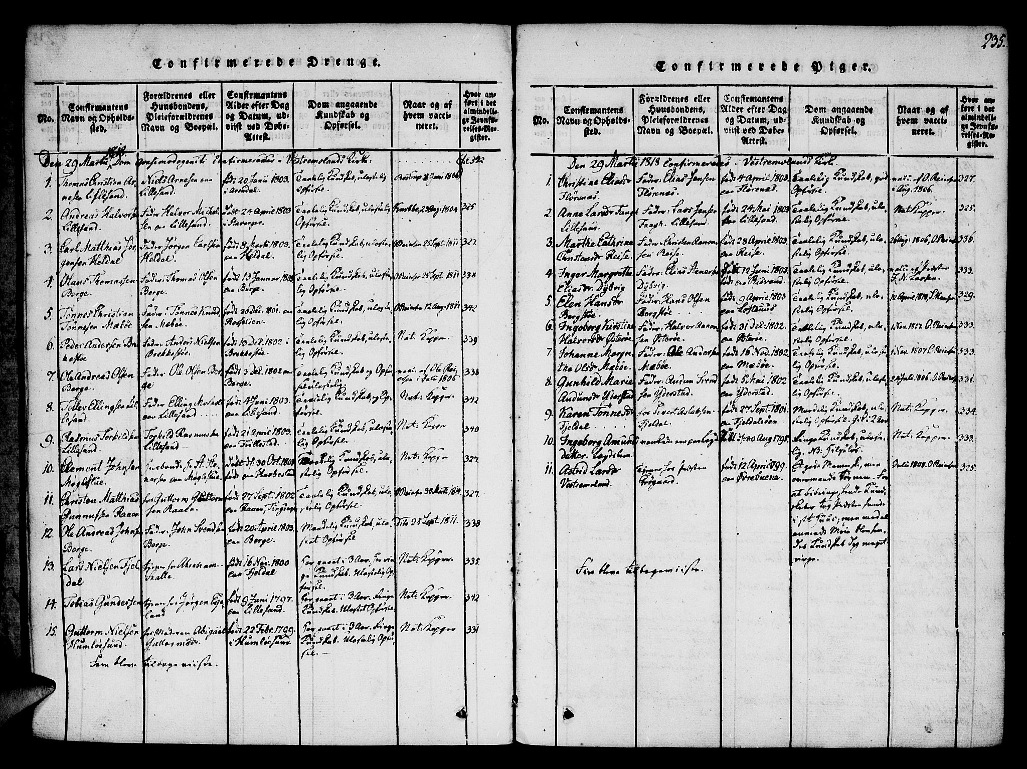 Vestre Moland sokneprestkontor, SAK/1111-0046/F/Fa/Fab/L0003: Parish register (official) no. A 3, 1816-1843, p. 235