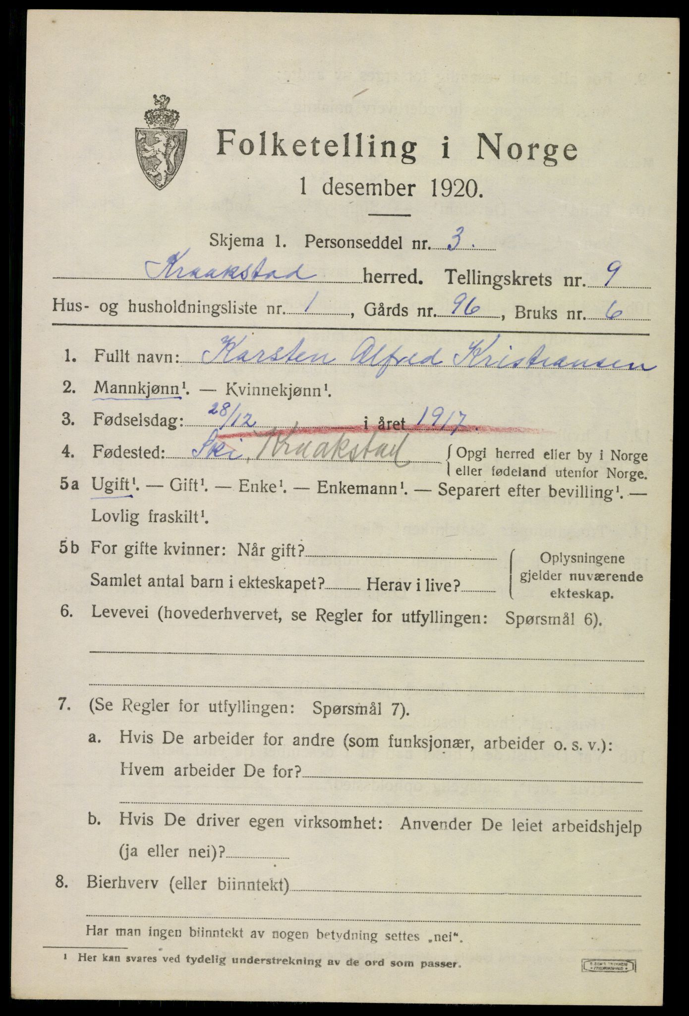 SAO, 1920 census for Kråkstad, 1920, p. 9593