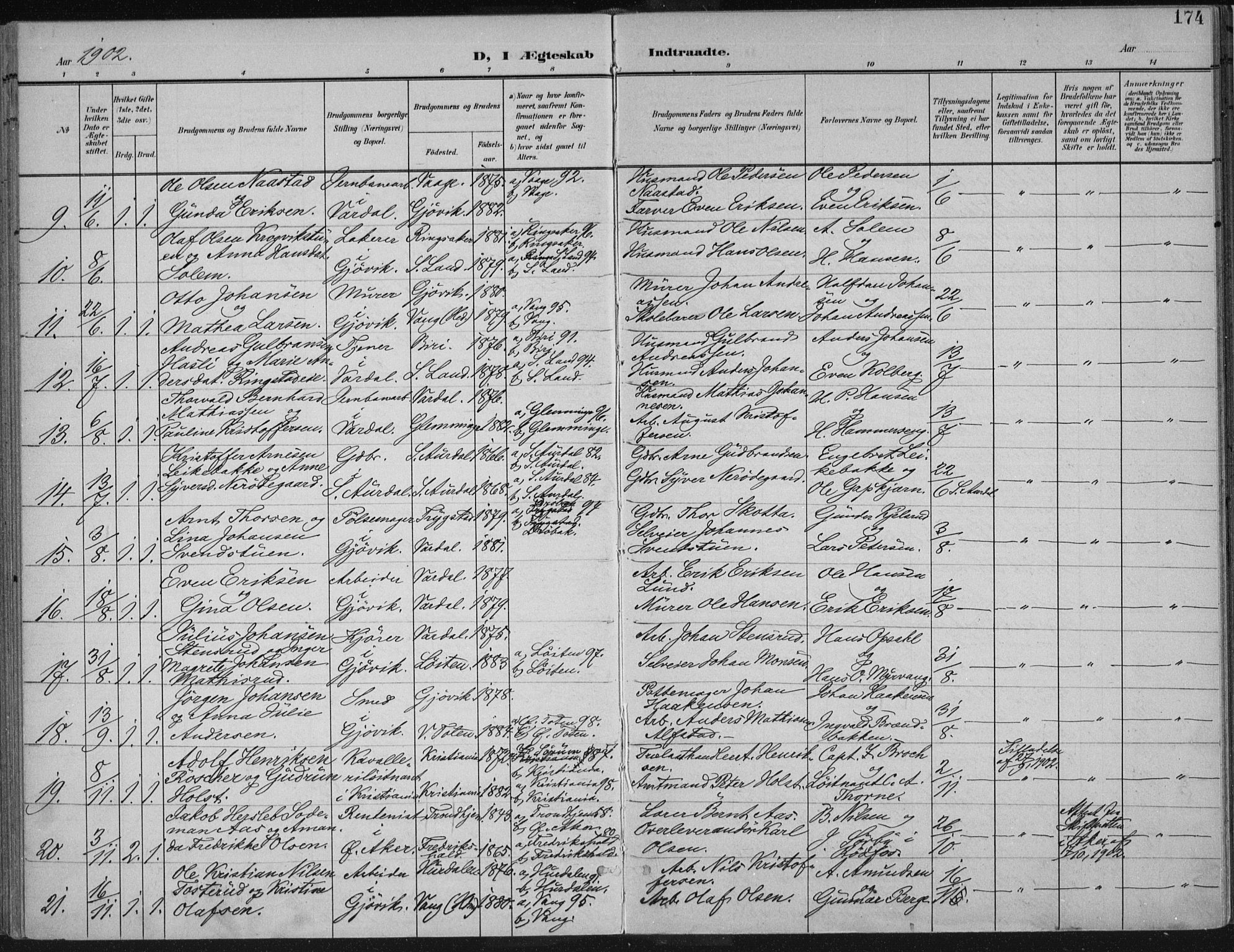Vardal prestekontor, SAH/PREST-100/H/Ha/Haa/L0013: Parish register (official) no. 13, 1901-1911, p. 174