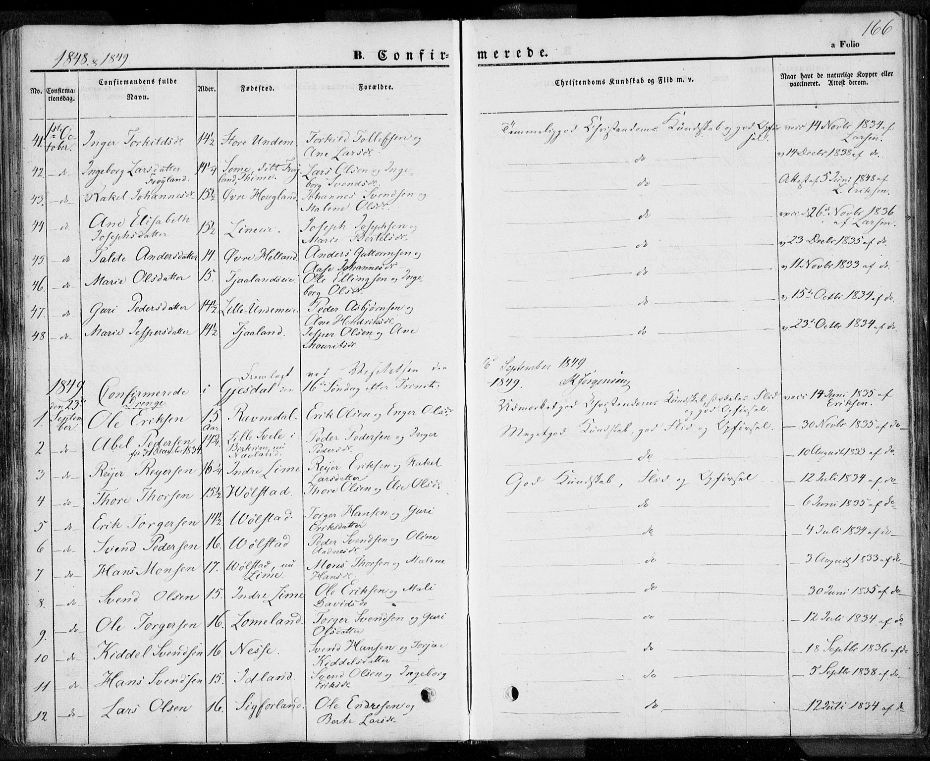 Lye sokneprestkontor, SAST/A-101794/001/30BA/L0005: Parish register (official) no. A 5.1, 1842-1855, p. 166