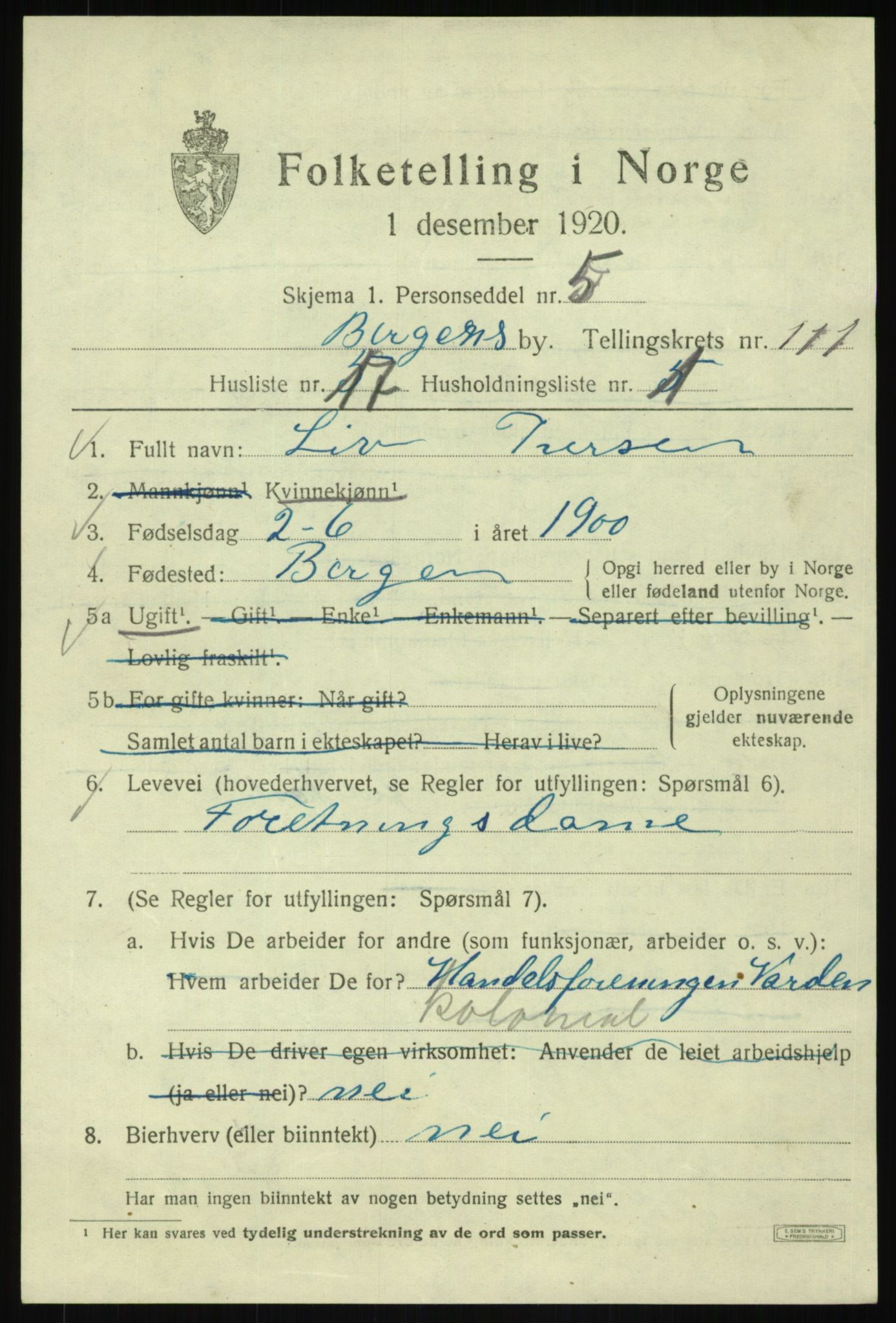 SAB, 1920 census for Bergen, 1920, p. 191493