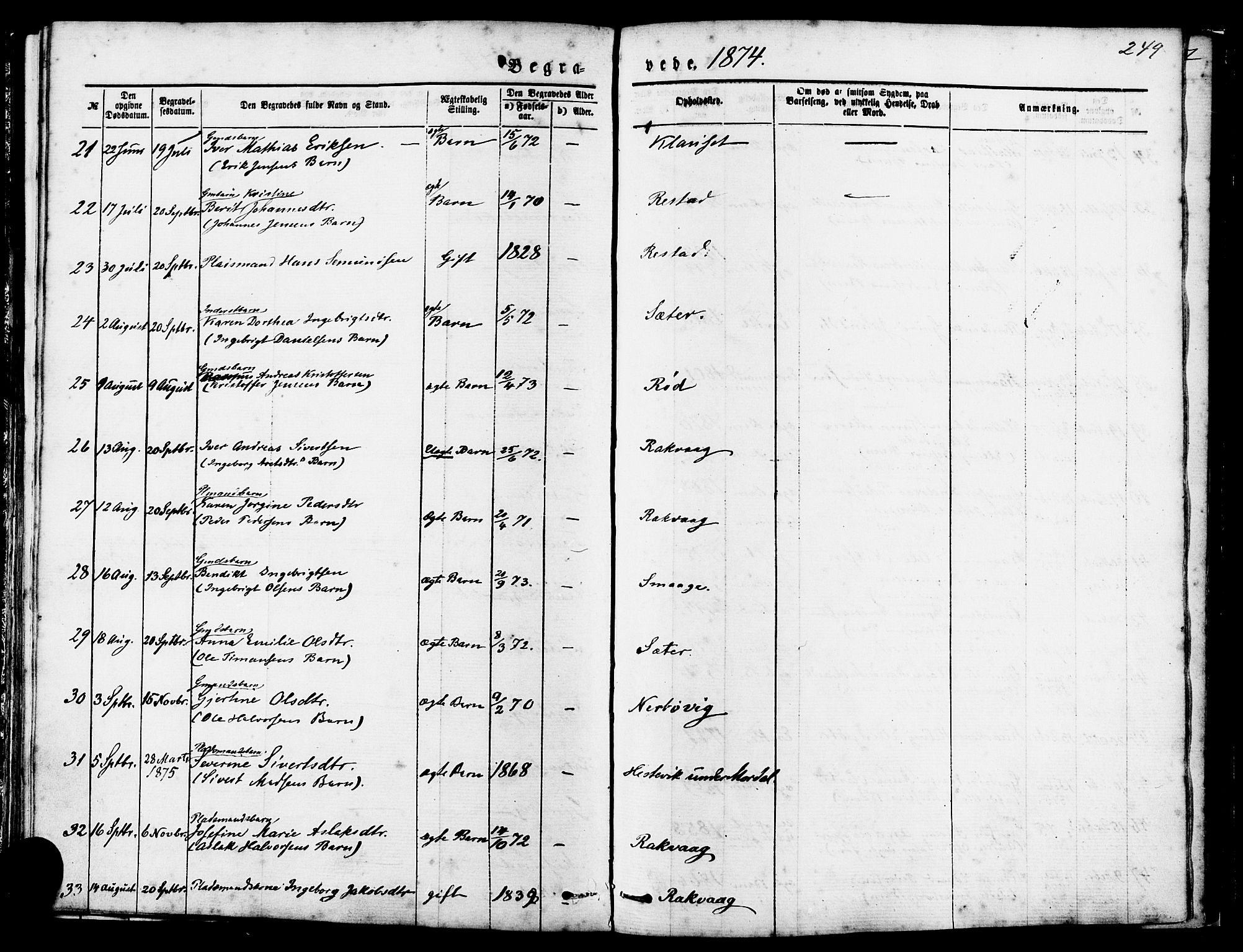 Ministerialprotokoller, klokkerbøker og fødselsregistre - Møre og Romsdal, AV/SAT-A-1454/560/L0720: Parish register (official) no. 560A04, 1873-1878, p. 249