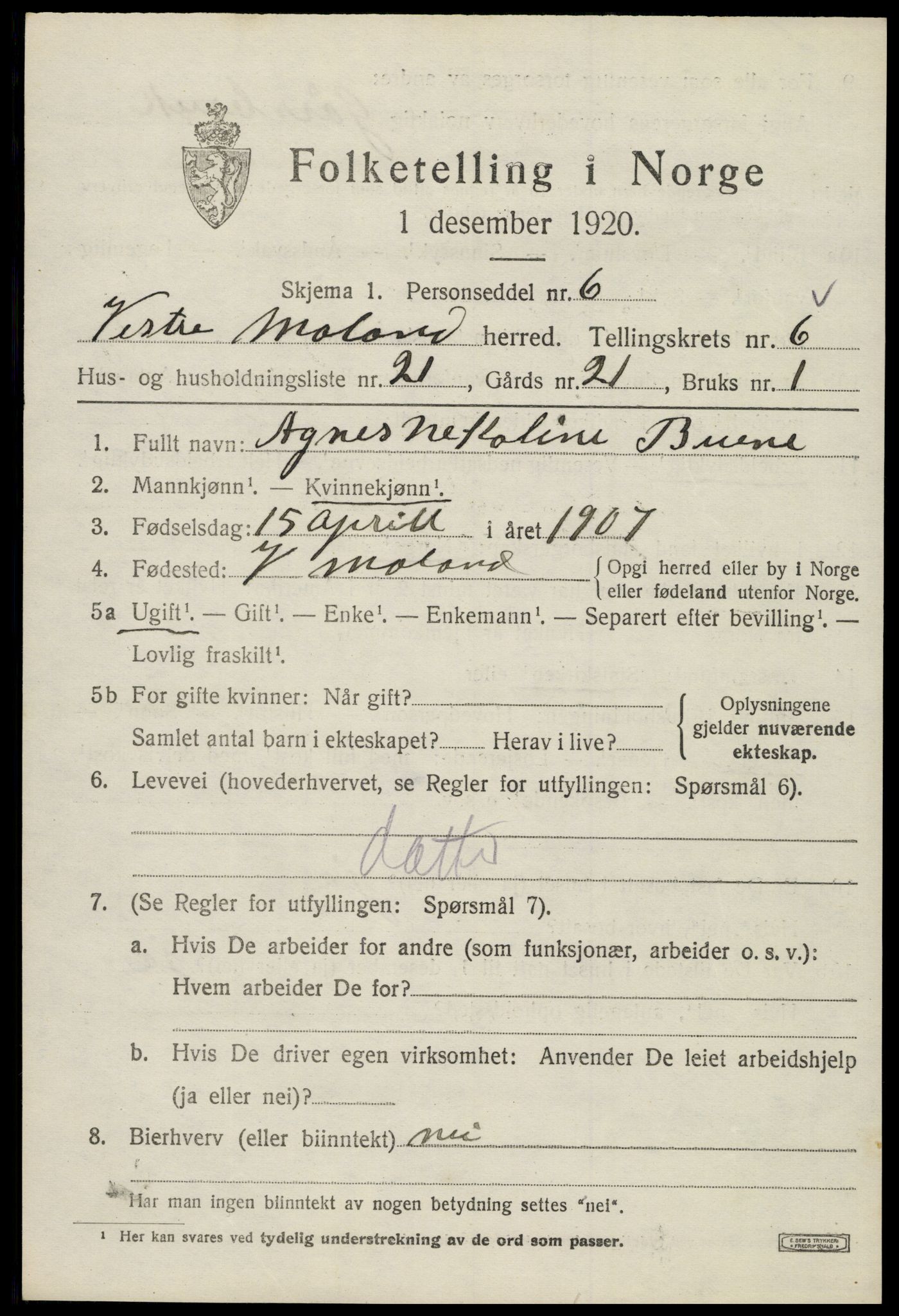 SAK, 1920 census for Vestre Moland, 1920, p. 4751