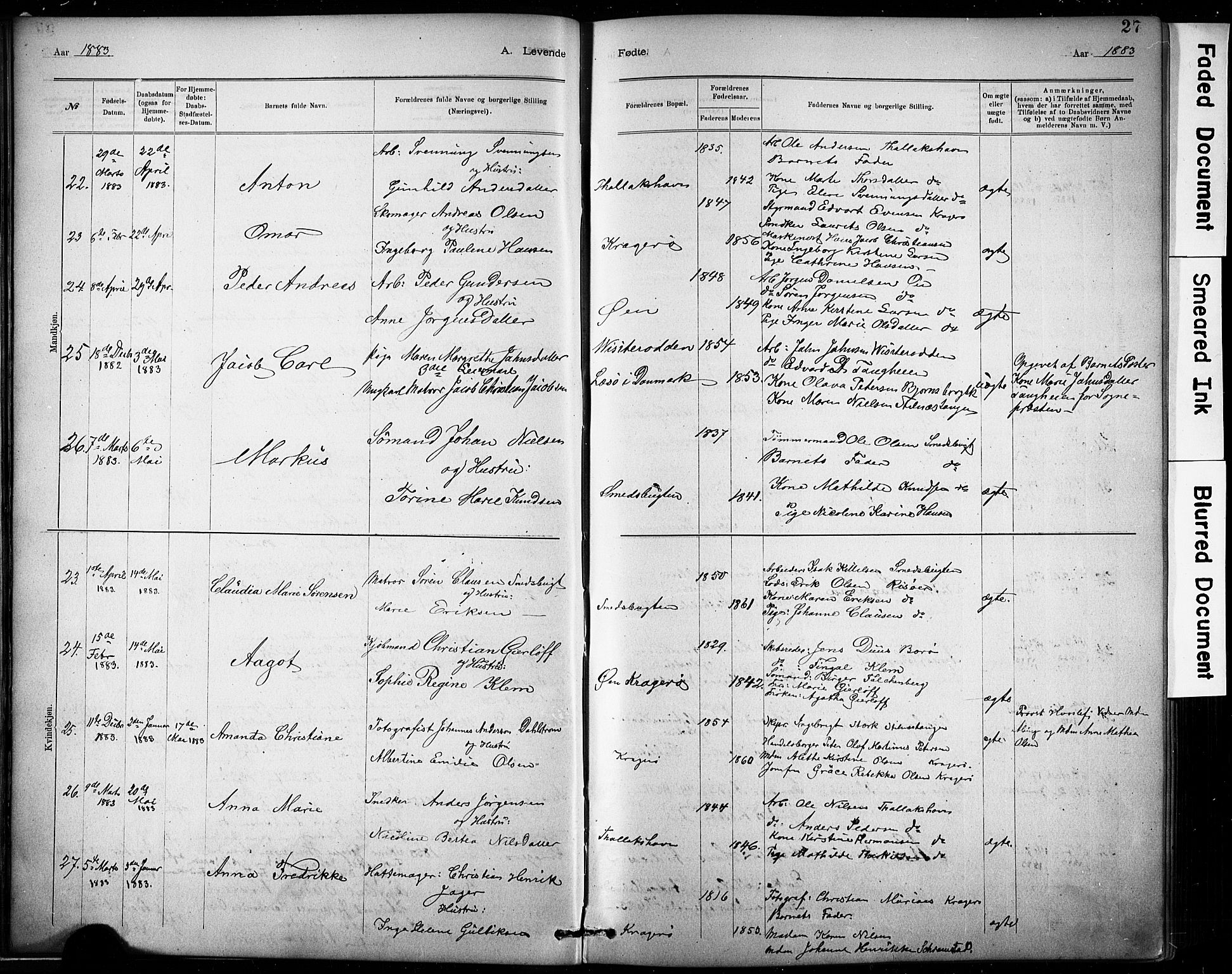 Kragerø kirkebøker, AV/SAKO-A-278/G/Ga/L0007: Parish register (copy) no. 7, 1881-1927, p. 27