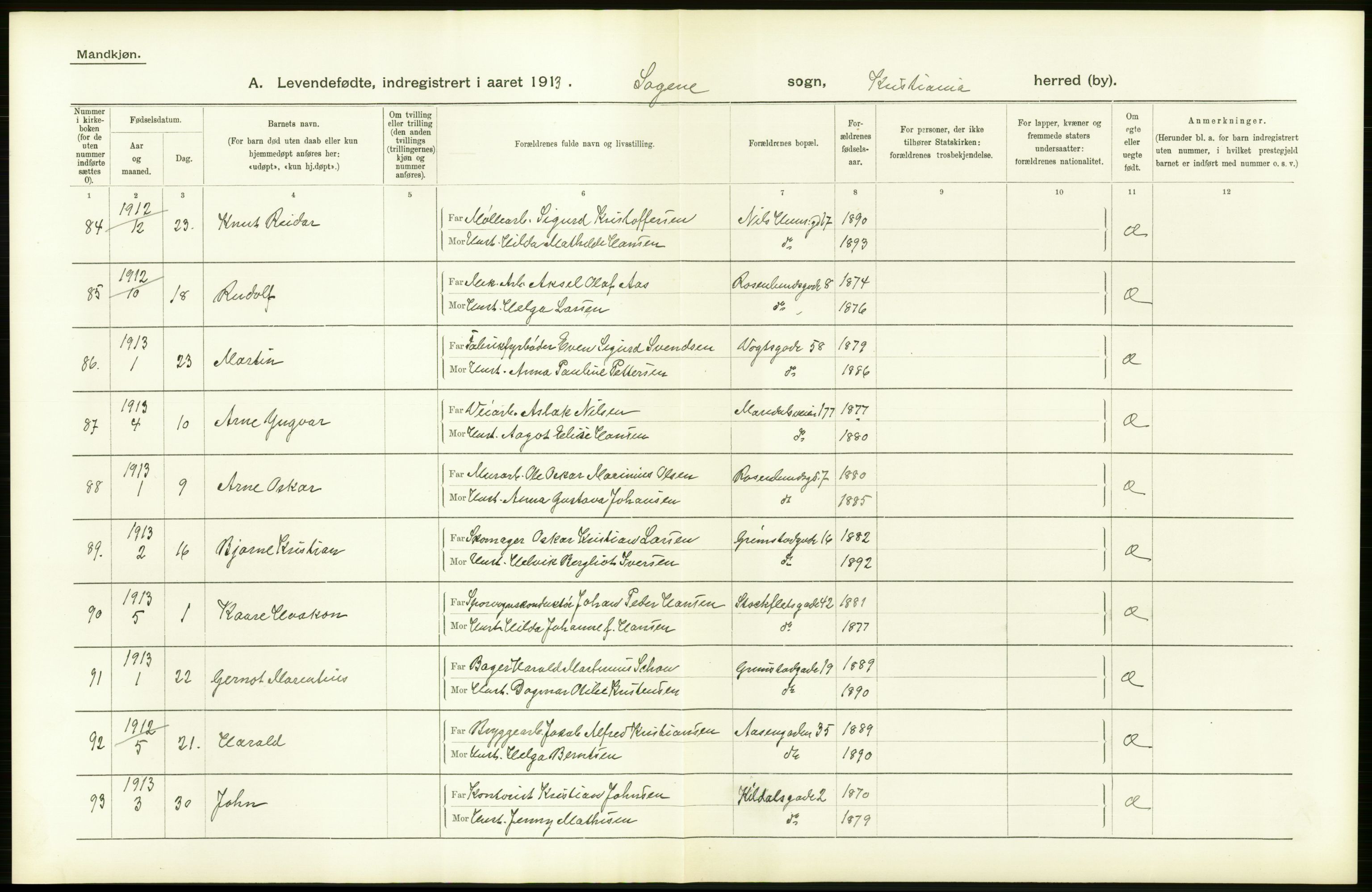 Statistisk sentralbyrå, Sosiodemografiske emner, Befolkning, AV/RA-S-2228/D/Df/Dfb/Dfbc/L0006: Kristiania: Levendefødte menn og kvinner., 1913, p. 44
