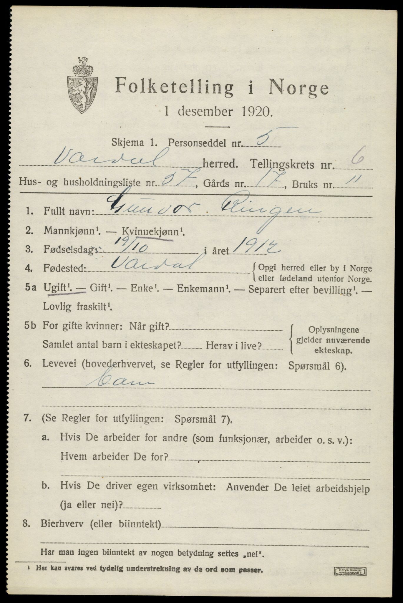 SAH, 1920 census for Vardal, 1920, p. 4535