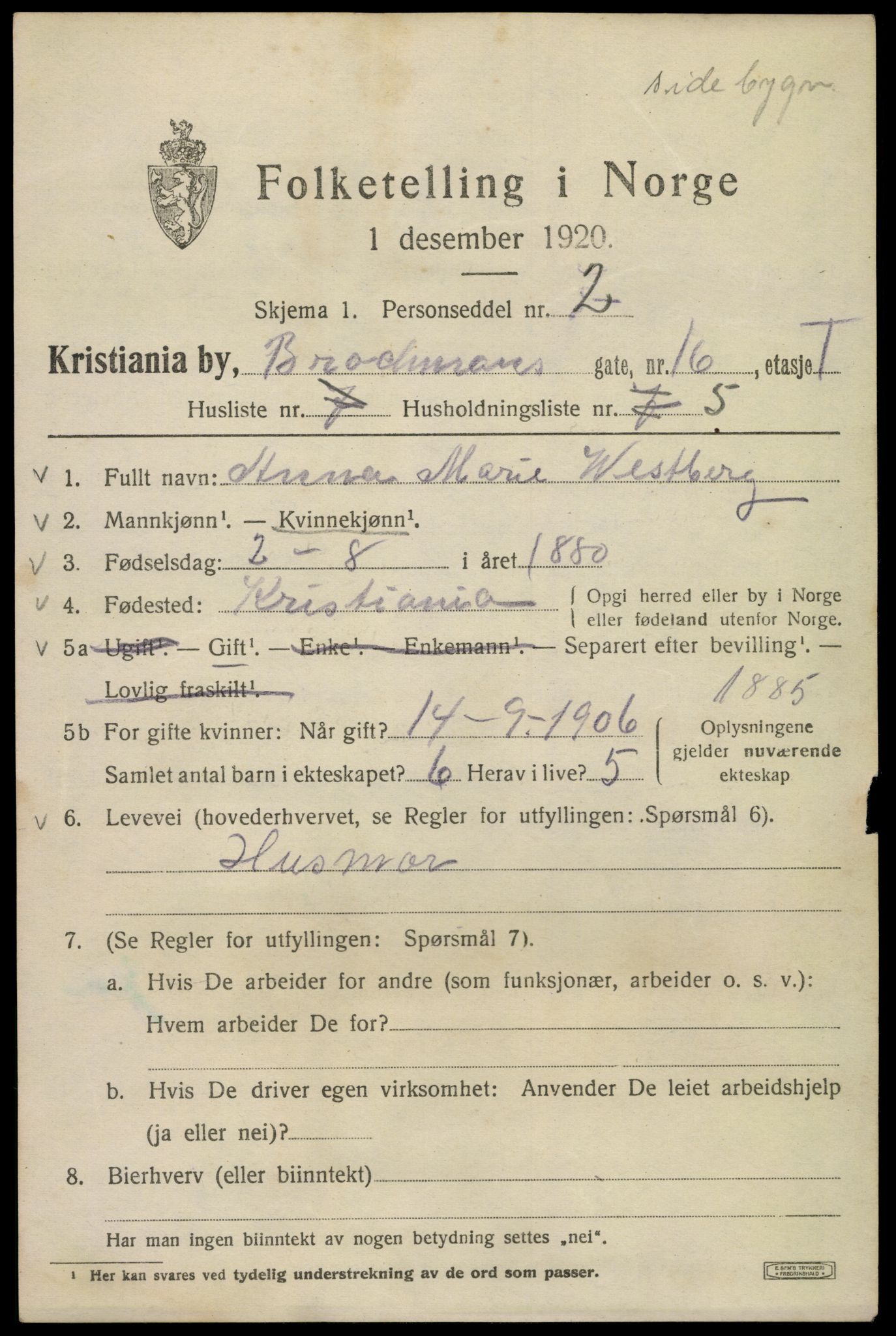 SAO, 1920 census for Kristiania, 1920, p. 174613