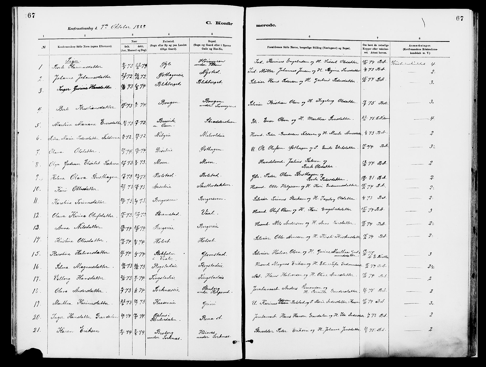 Åmot prestekontor, Hedmark, SAH/PREST-056/H/Ha/Haa/L0010: Parish register (official) no. 10, 1884-1889, p. 67