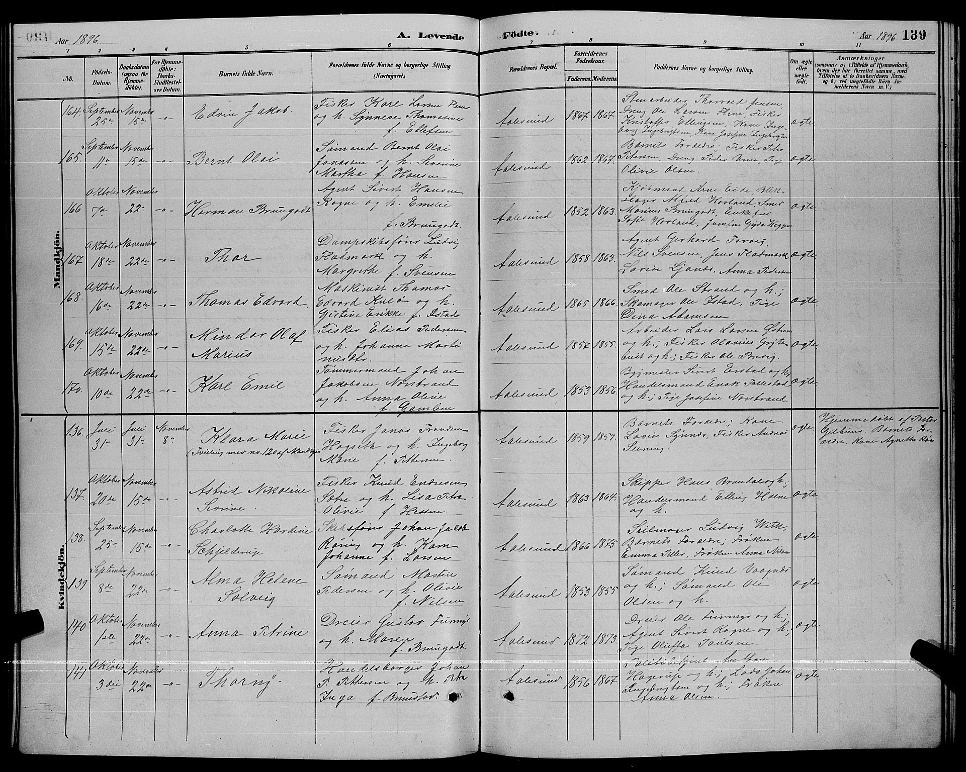 Ministerialprotokoller, klokkerbøker og fødselsregistre - Møre og Romsdal, AV/SAT-A-1454/529/L0467: Parish register (copy) no. 529C04, 1889-1897, p. 139